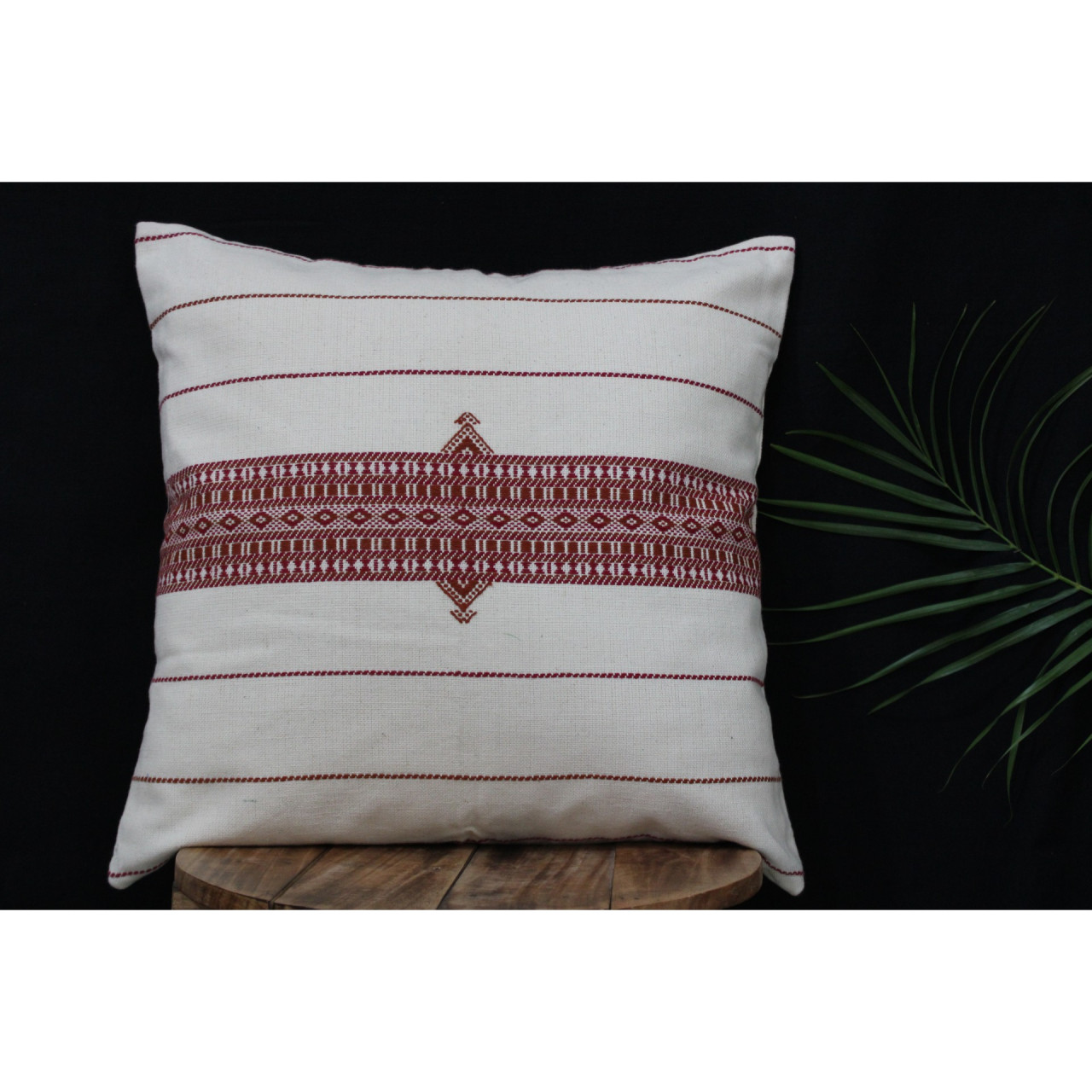 (1484) Organic kala cotton Azo-free dyed Kutchy cushion cover from Kutch with organic kala cotton motifs and organic kala cotton motifs - Maroon, off white, motif, stripes, extra weft