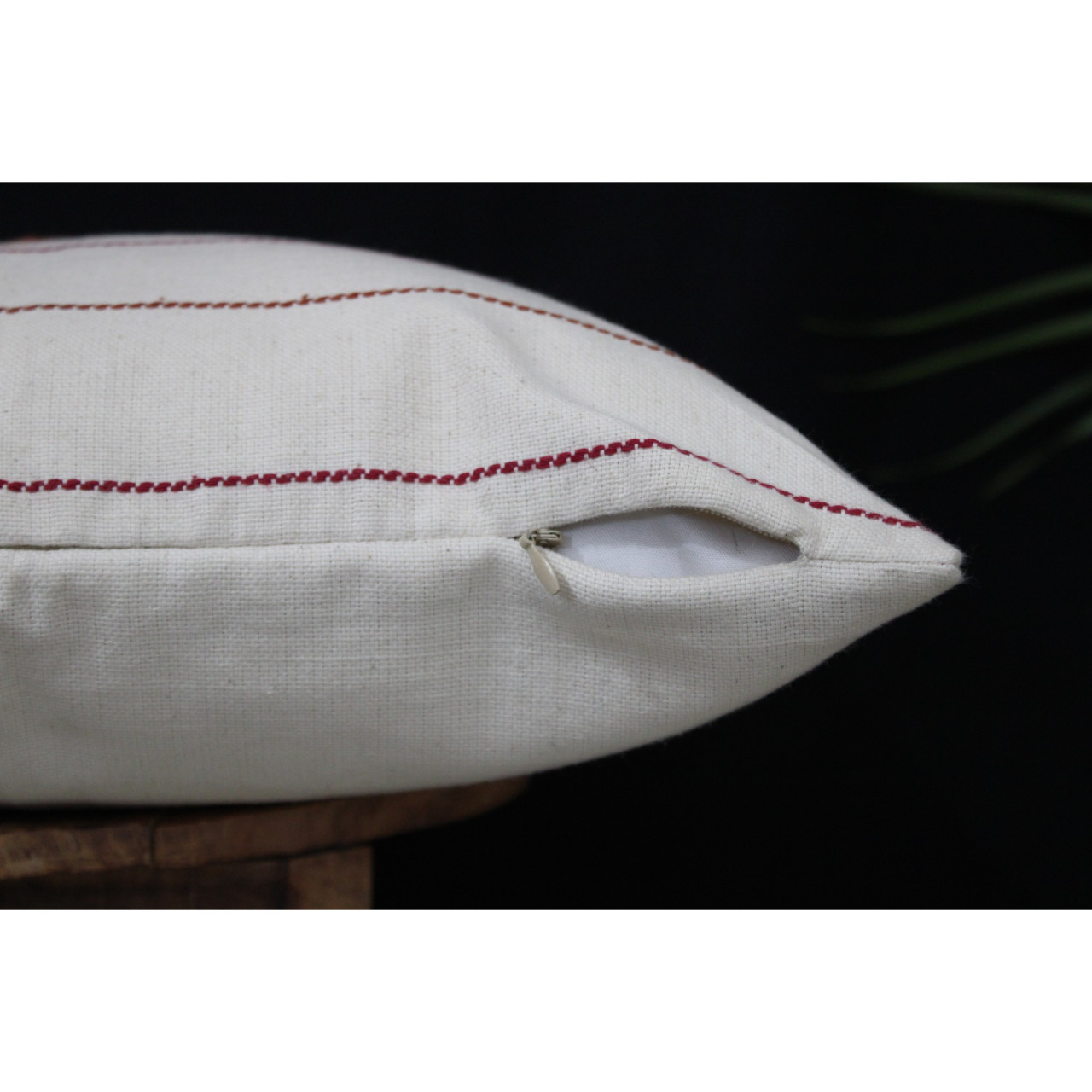 (1484) Organic kala cotton Azo-free dyed Kutchy cushion cover from Kutch with organic kala cotton motifs and organic kala cotton motifs - Maroon, off white, motif, stripes, extra weft