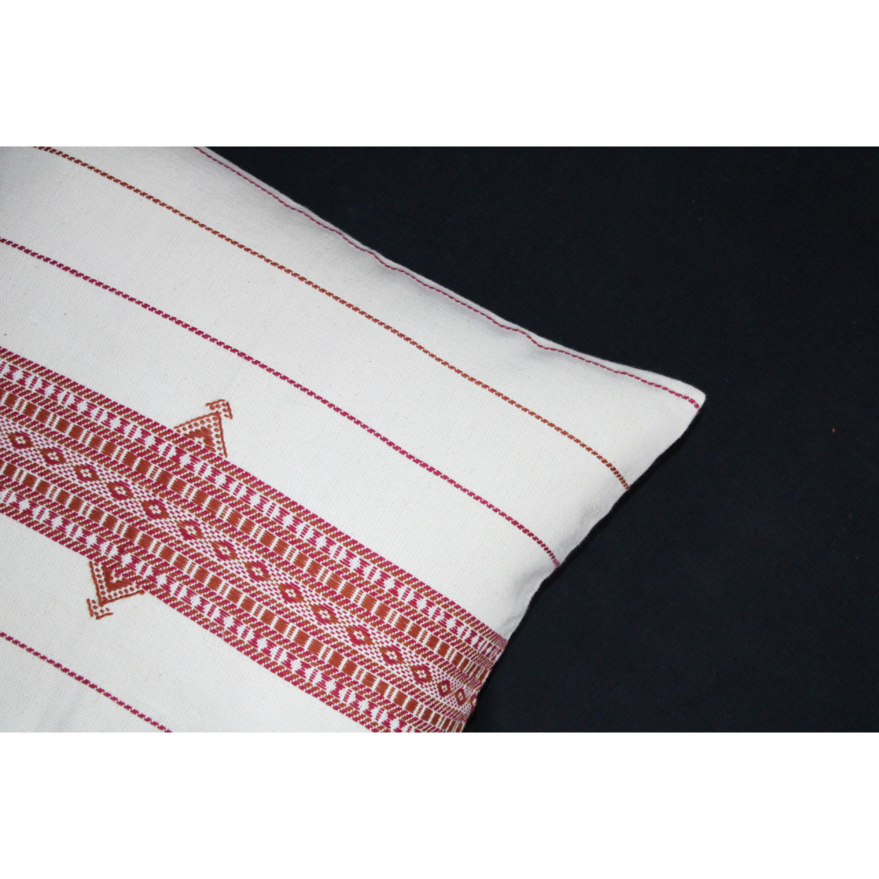 (1484) Organic kala cotton Azo-free dyed Kutchy cushion cover from Kutch with organic kala cotton motifs and organic kala cotton motifs - Maroon, off white, motif, stripes, extra weft