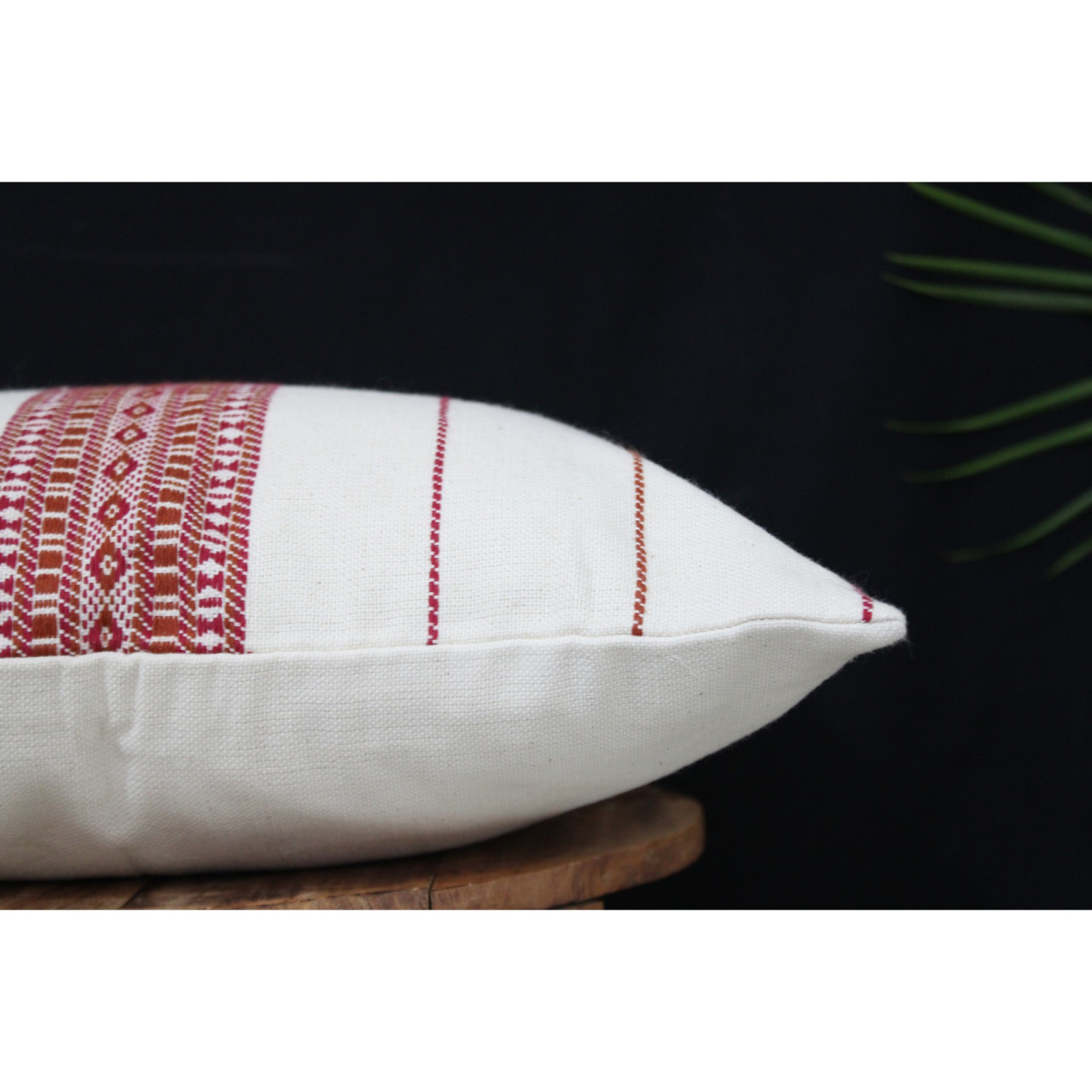 (1484) Organic kala cotton Azo-free dyed Kutchy cushion cover from Kutch with organic kala cotton motifs and organic kala cotton motifs - Maroon, off white, motif, stripes, extra weft