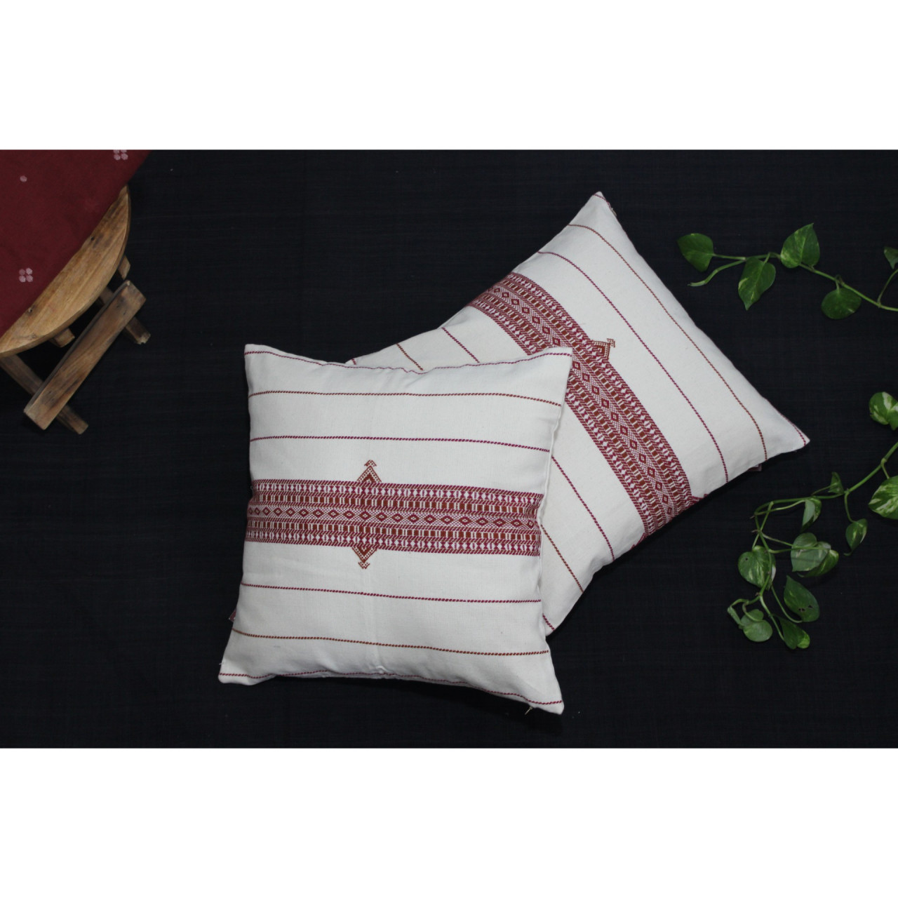 (1484) Organic kala cotton Azo-free dyed Kutchy cushion cover from Kutch with organic kala cotton motifs and organic kala cotton motifs - Maroon, off white, motif, stripes, extra weft