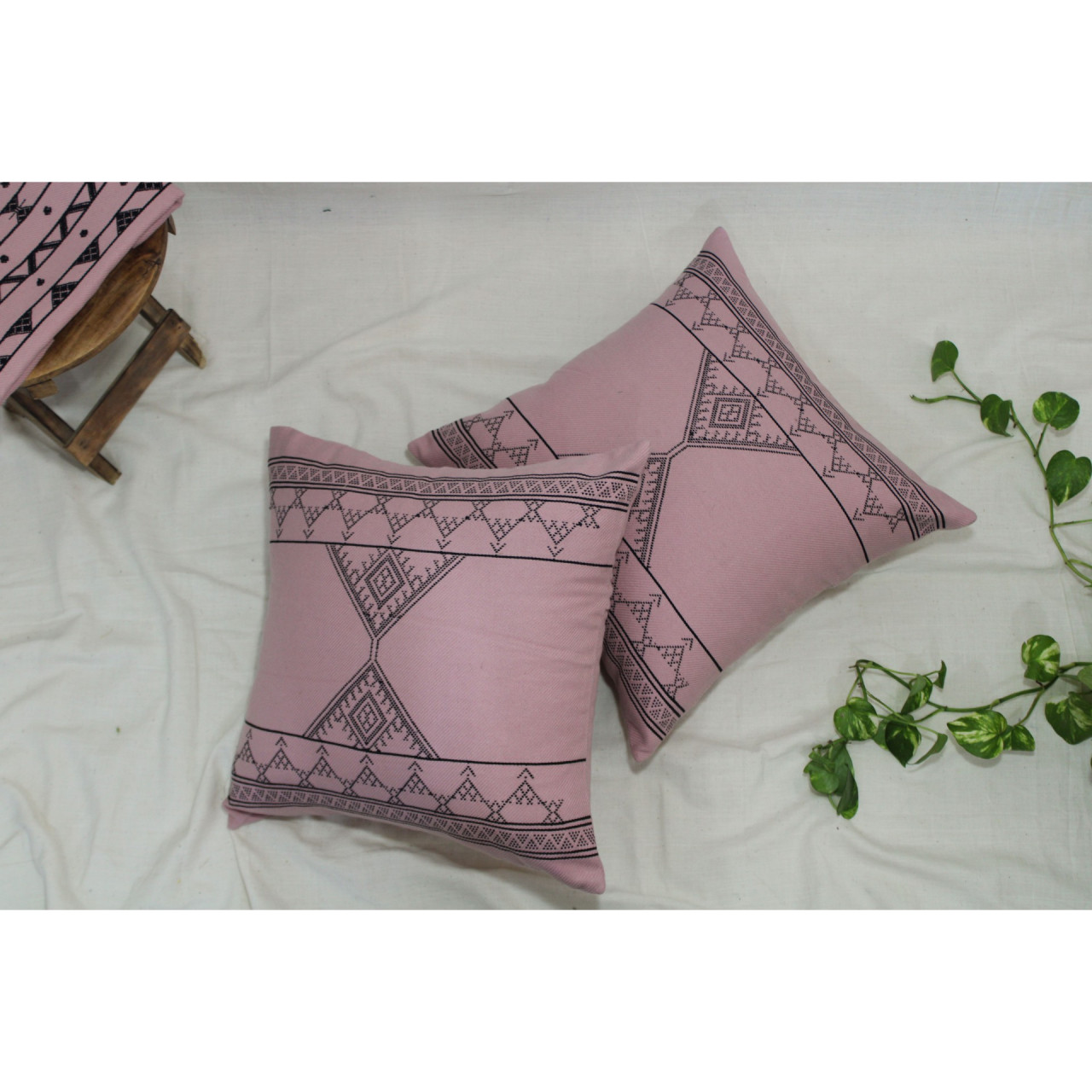 (1491) Kala cotton Azo-free dyed Kutchy cushion cover from Kutch with kala cotton motifs and kala cotton motifs - Peach, black, motif
