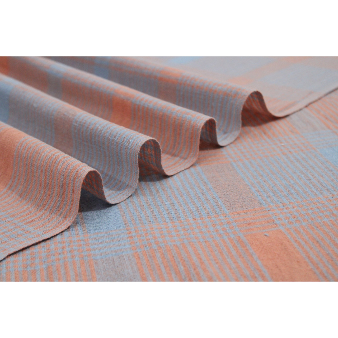 (1952) Kala cotton Azo-free dyed Kutchy yardage from Kutch - Orange, sky blue, checks, stripes, plain