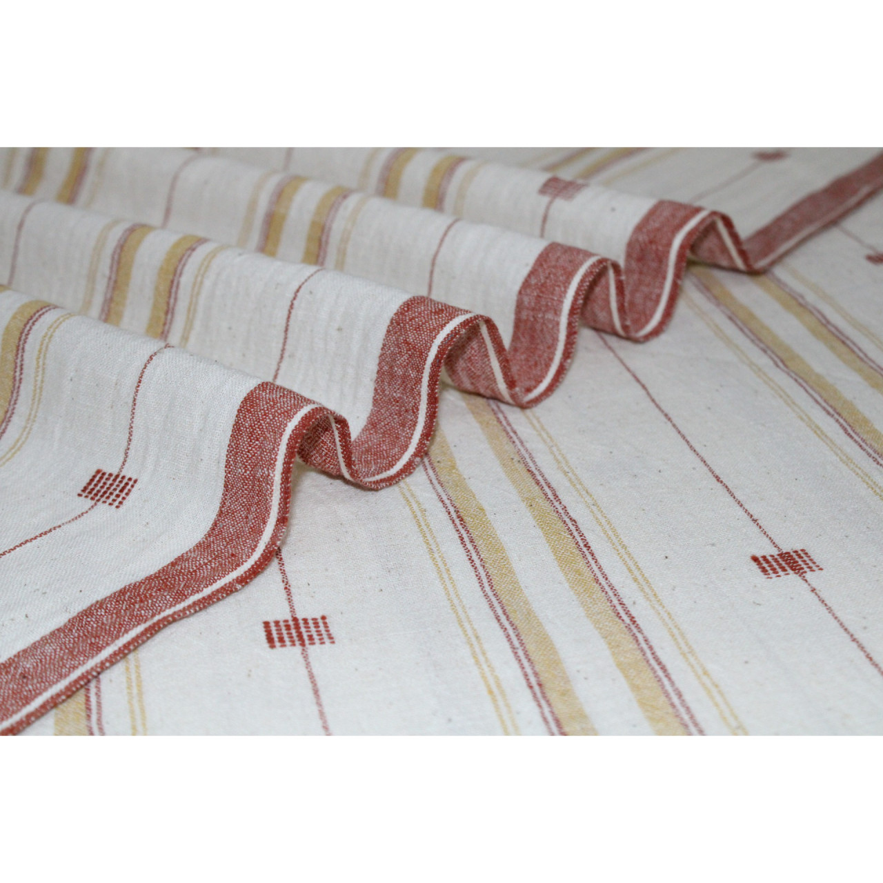 (1956) Kala cotton Azo-free dyed Kutchy yardage from Kutch with motifs and extra-weft - White, red, mustard, stripes, motif, mauve