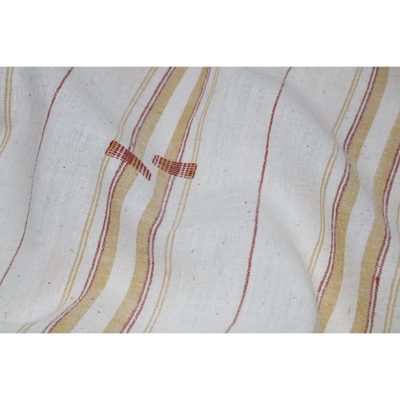 (1966) Kala cotton Azo-free dyed Kutchy yardage from Kutch with motifs and extra-weft - White, red, mustard, stripes, motif