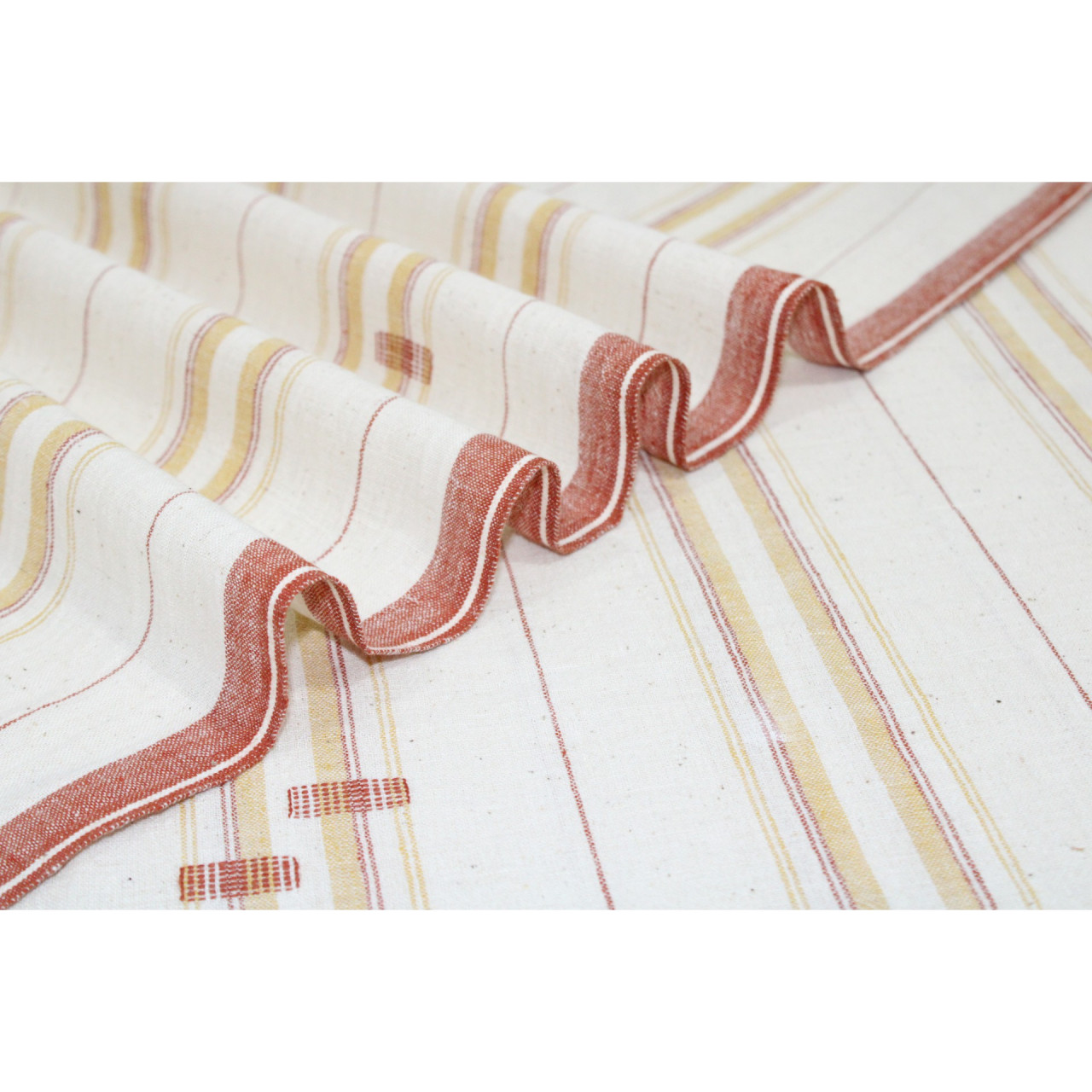(1966) Kala cotton Azo-free dyed Kutchy yardage from Kutch with motifs and extra-weft - White, red, mustard, stripes, motif