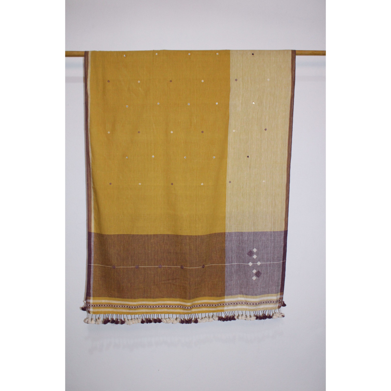 (2059) Kala cotton Azo-free dyed Kutchy dupatta from Kutch with kala cotton motifs and kala cotton motifs - Mustard yellow, purple, white, embroidery, mirror-work, pompoms