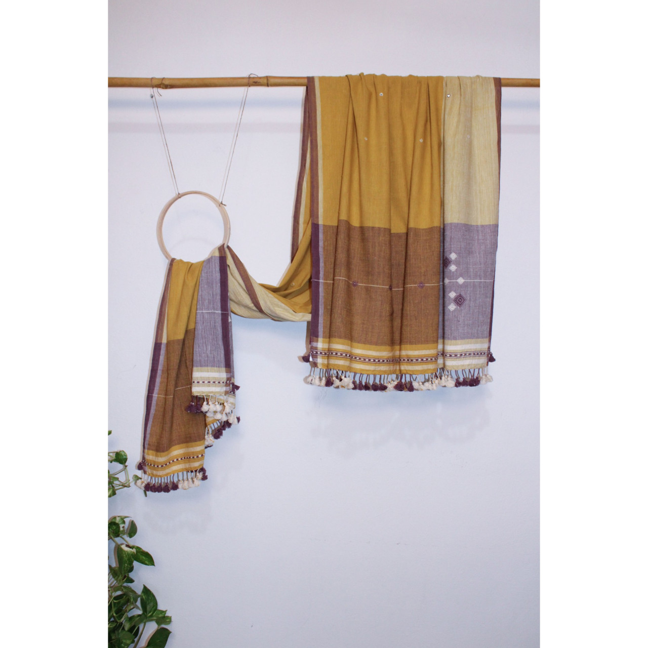 (2059) Kala cotton Azo-free dyed Kutchy dupatta from Kutch with kala cotton motifs and kala cotton motifs - Mustard yellow, purple, white, embroidery, mirror-work, pompoms