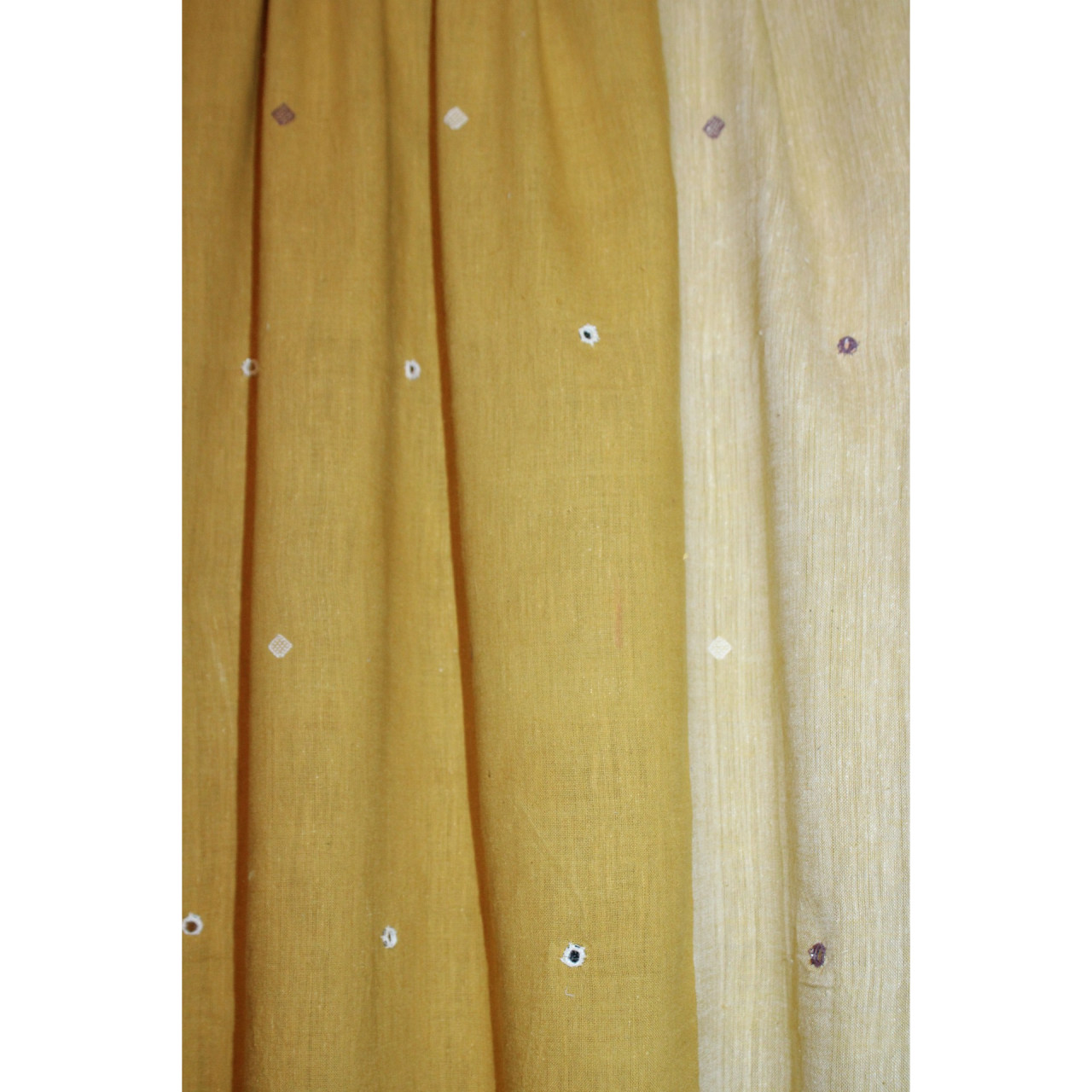 (2059) Kala cotton Azo-free dyed Kutchy dupatta from Kutch with kala cotton motifs and kala cotton motifs - Mustard yellow, purple, white, embroidery, mirror-work, pompoms