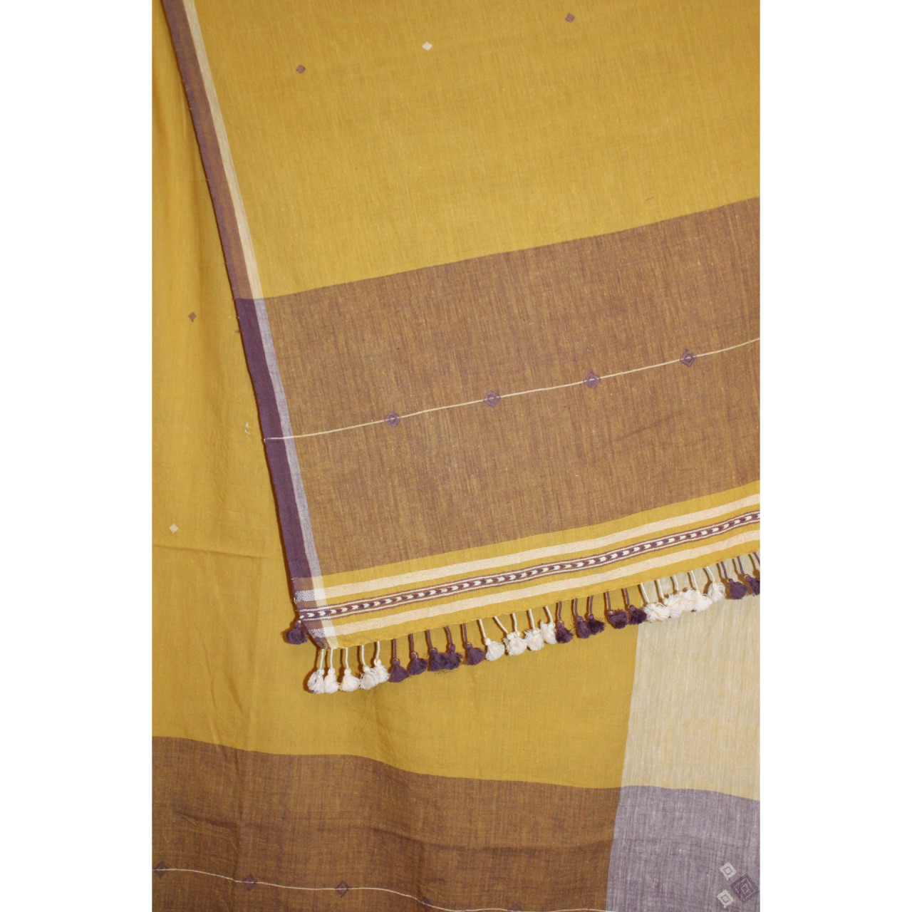 (2059) Kala cotton Azo-free dyed Kutchy dupatta from Kutch with kala cotton motifs and kala cotton motifs - Mustard yellow, purple, white, embroidery, mirror-work, pompoms