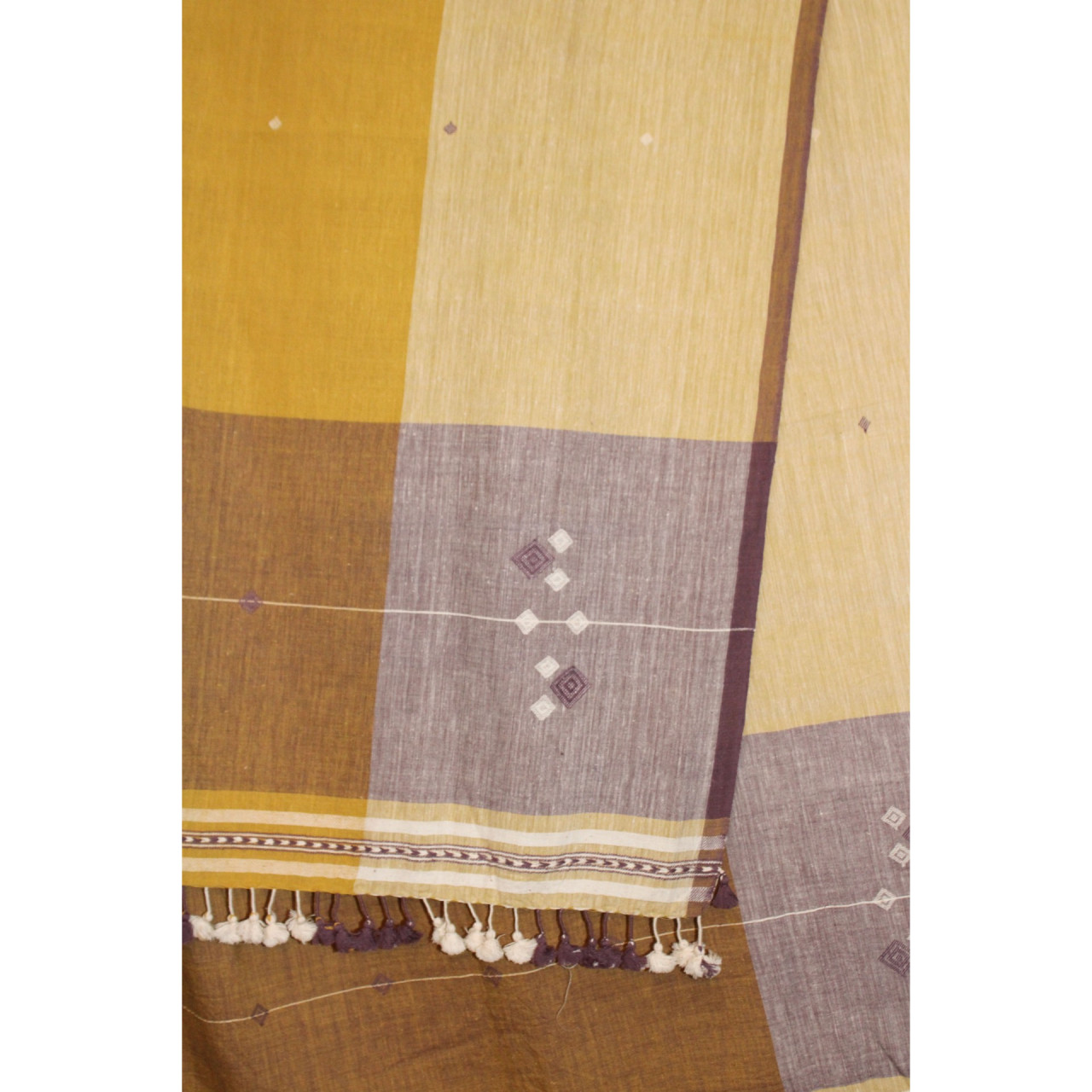 (2059) Kala cotton Azo-free dyed Kutchy dupatta from Kutch with kala cotton motifs and kala cotton motifs - Mustard yellow, purple, white, embroidery, mirror-work, pompoms