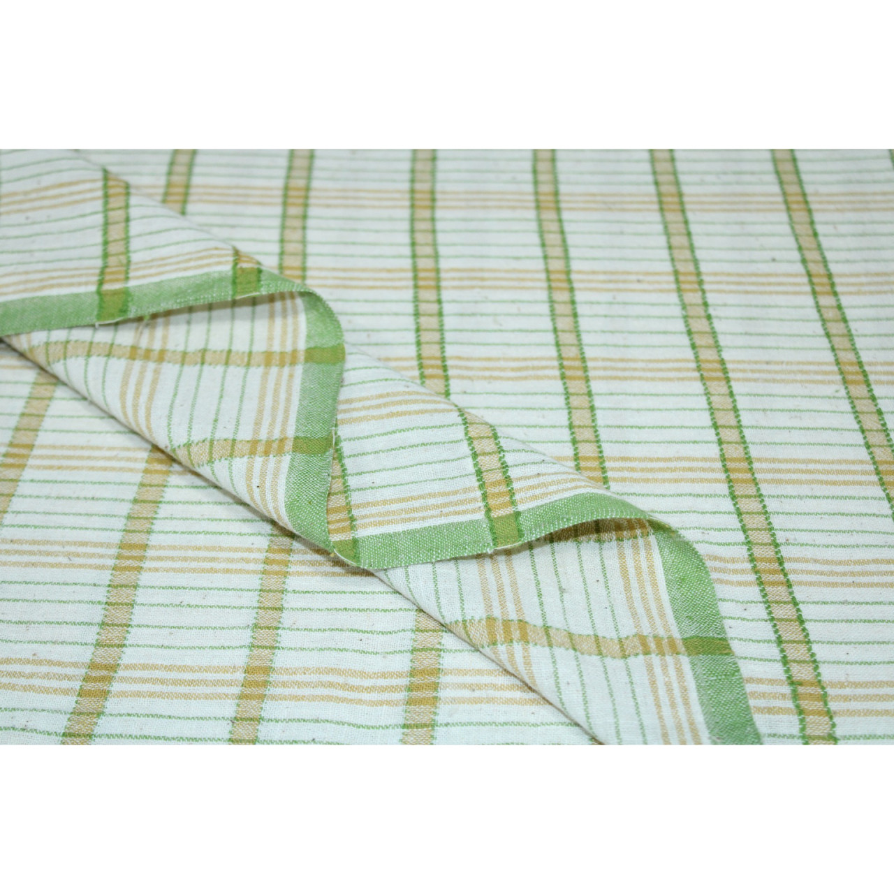 (2124) Kala cotton Azo-free dyed Kutchy yardage from Kutch with extra-weft - Green, yellow, white, stripes, textured