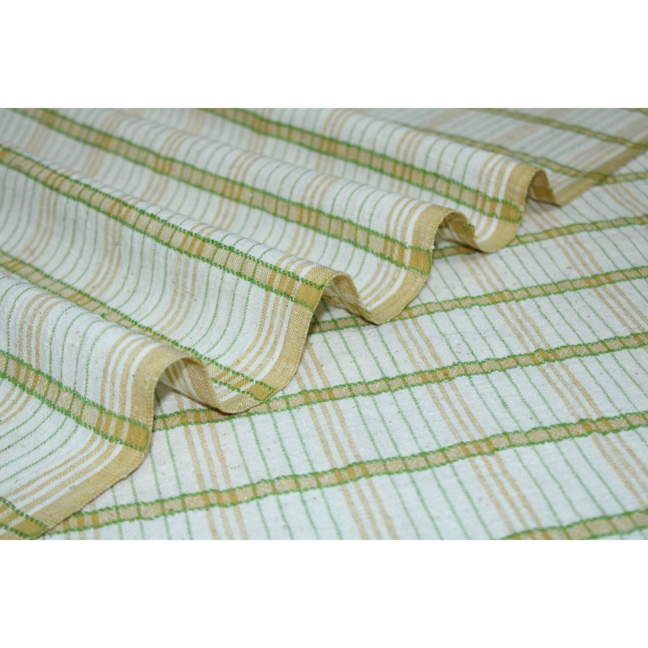 (2124) Kala cotton Azo-free dyed Kutchy yardage from Kutch with extra-weft - Green, yellow, white, stripes, textured