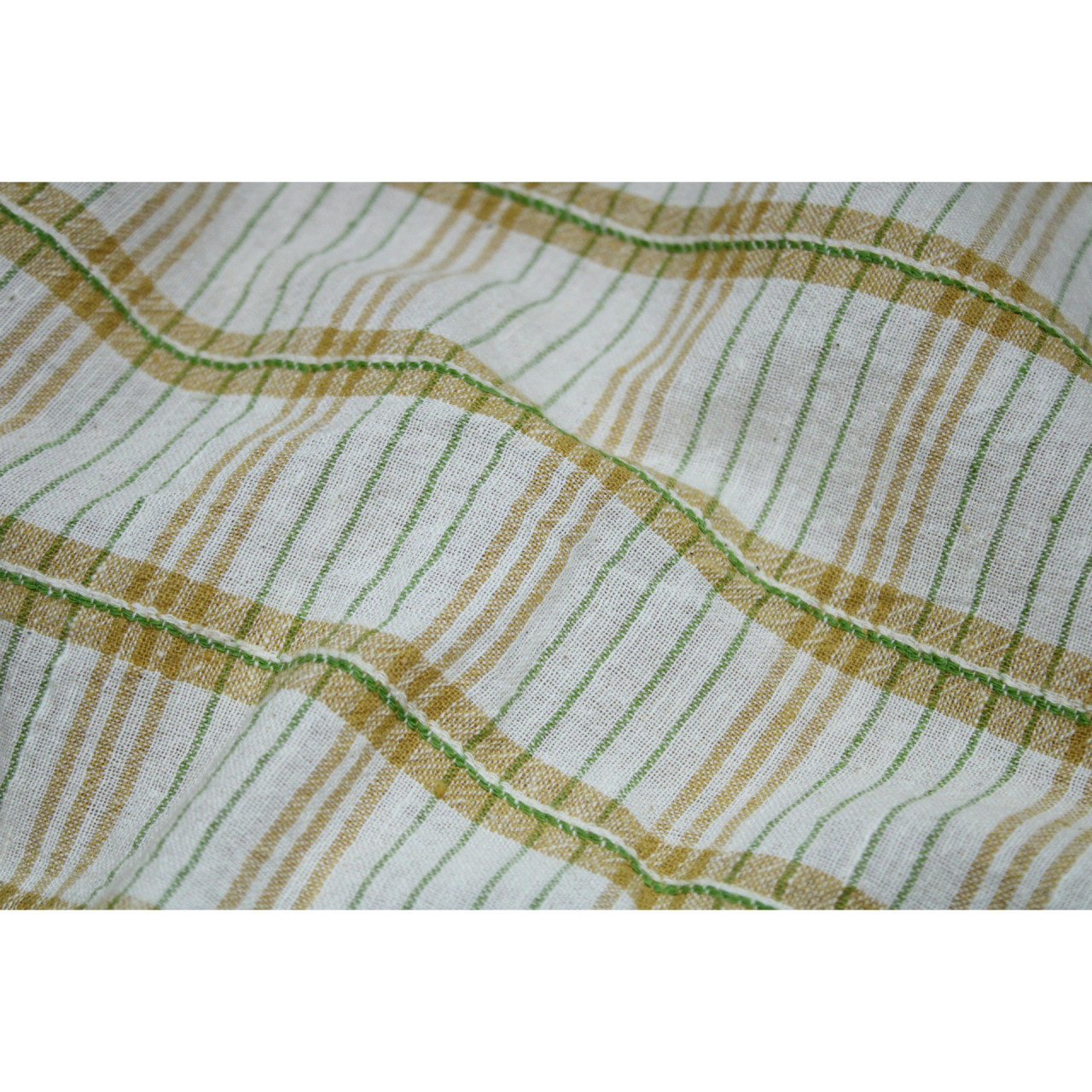(2126) Kala cotton Azo-free dyed Kutchy yardage from Kutch with extra-weft - Yellow, green, white, stripes, textured
