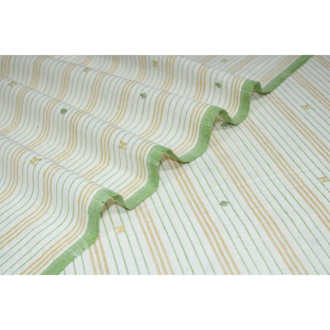 (2128) Kala cotton Azo-free dyed Kutchy yardage from Kutch with kala cotton extra-weft and kala cotton extra-weft - Green, yellow, white, motif, stripes
