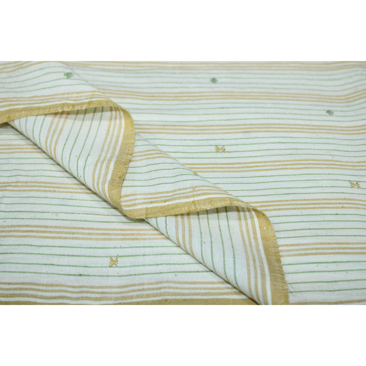 (2128) Kala cotton Azo-free dyed Kutchy yardage from Kutch with kala cotton extra-weft and kala cotton extra-weft - Green, yellow, white, motif, stripes