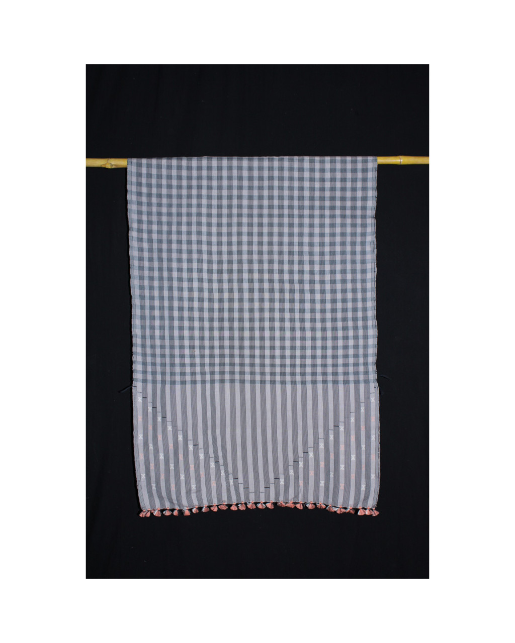 (2153) Cotton Azo-free dyed Kutchy stole from Kutch with cotton motifs and cotton motifs - Grey, black, white, stripes, motif, pompoms