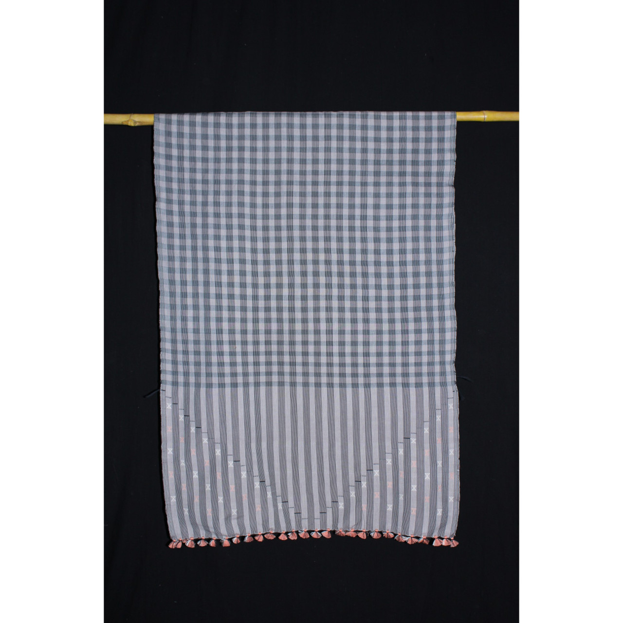 (2153) Cotton Azo-free dyed Kutchy stole from Kutch with cotton motifs and cotton motifs - Grey, black, white, stripes, motif, pompoms