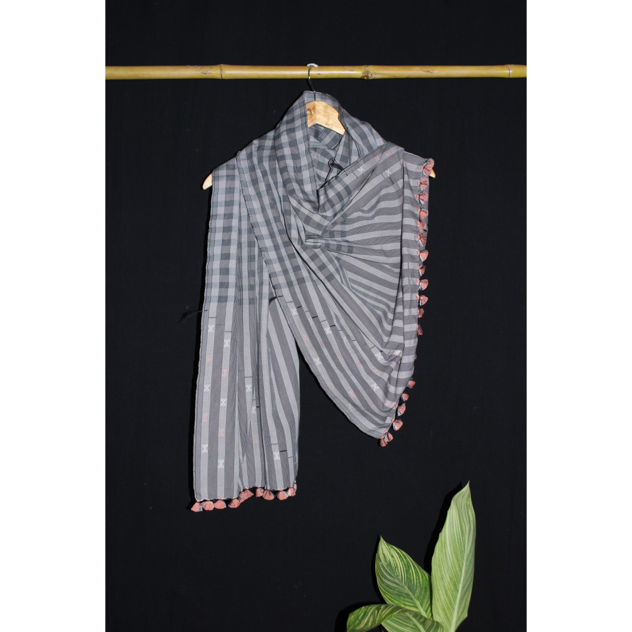 (2153) Cotton Azo-free dyed Kutchy stole from Kutch with cotton motifs and cotton motifs - Grey, black, white, stripes, motif, pompoms