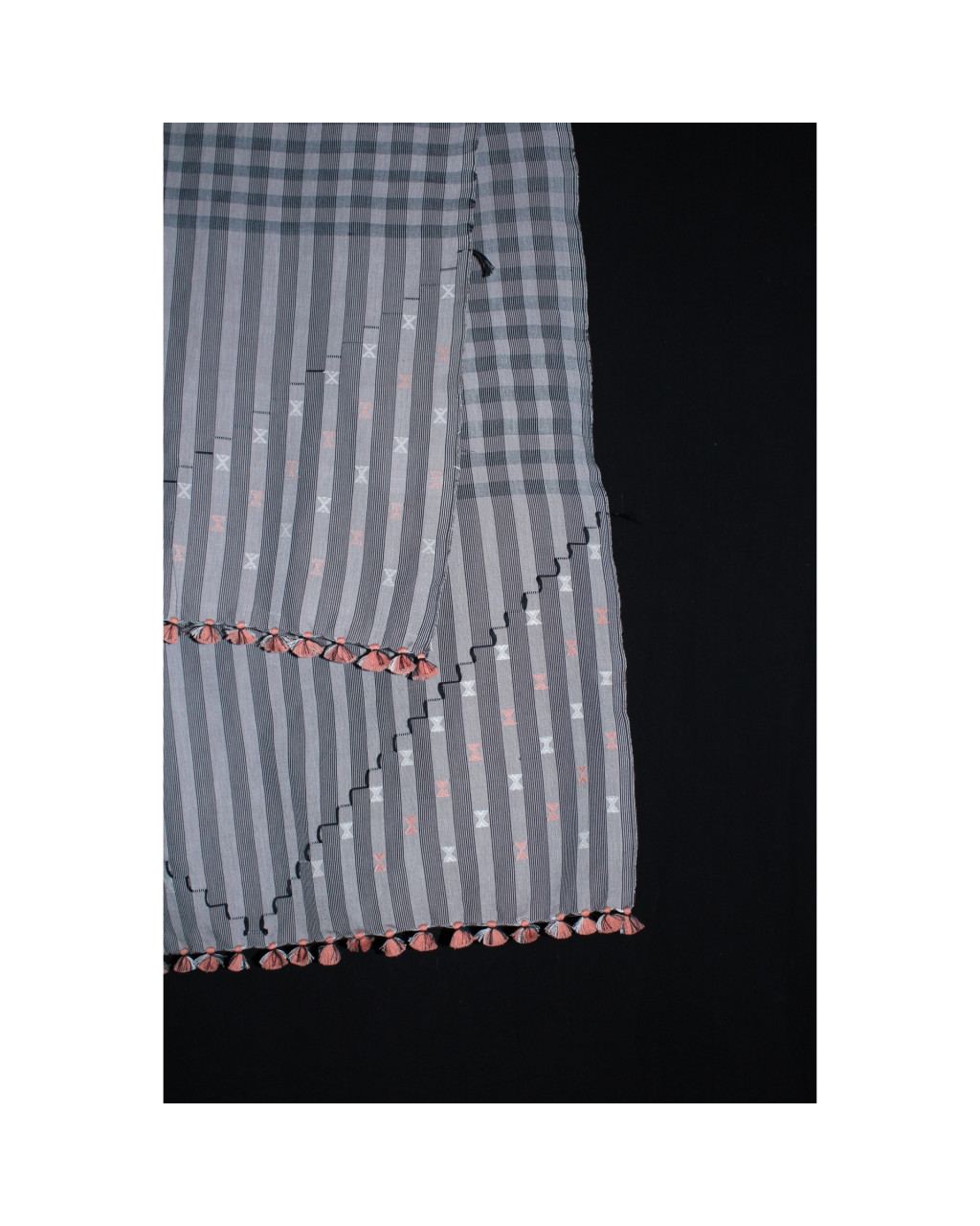 (2153) Cotton Azo-free dyed Kutchy stole from Kutch with cotton motifs and cotton motifs - Grey, black, white, stripes, motif, pompoms