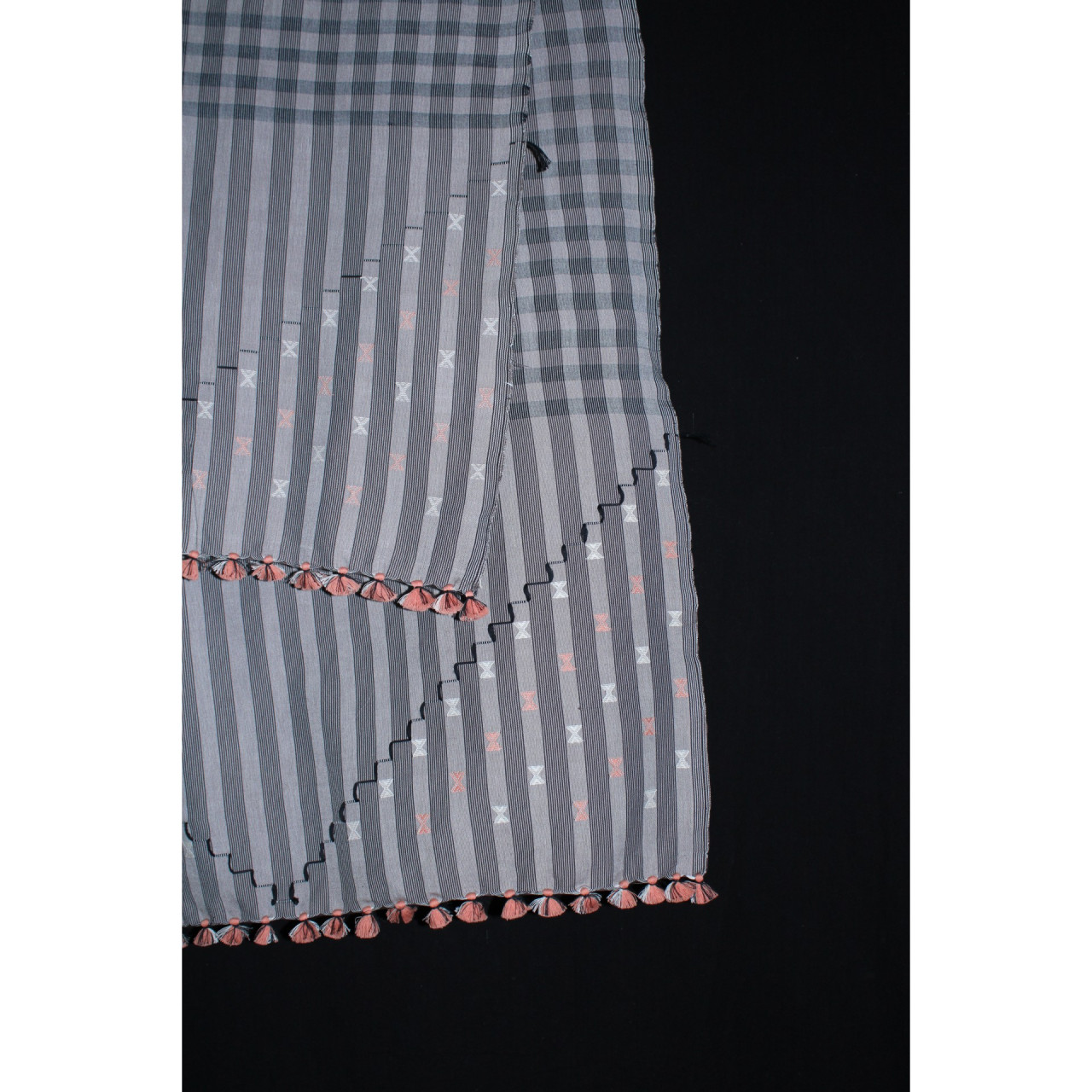 (2153) Cotton Azo-free dyed Kutchy stole from Kutch with cotton motifs and cotton motifs - Grey, black, white, stripes, motif, pompoms