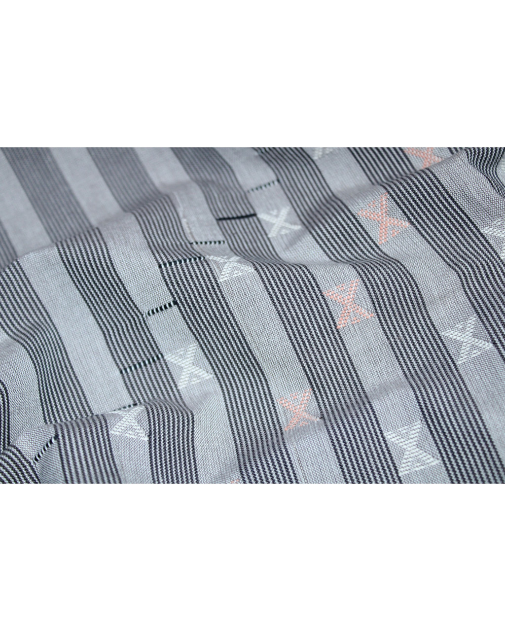(2153) Cotton Azo-free dyed Kutchy stole from Kutch with cotton motifs and cotton motifs - Grey, black, white, stripes, motif, pompoms