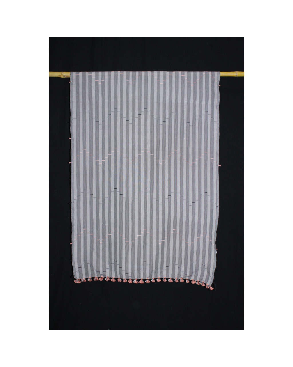 (2154) Cotton Azo-free dyed Kutchy stole from Kutch with cotton extra-weft - Grey, white, orange, black, pompoms, stripes, textured