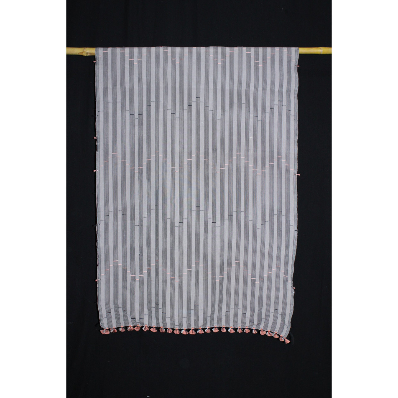 (2154) Cotton Azo-free dyed Kutchy stole from Kutch with cotton extra-weft - Grey, white, orange, black, pompoms, stripes, textured