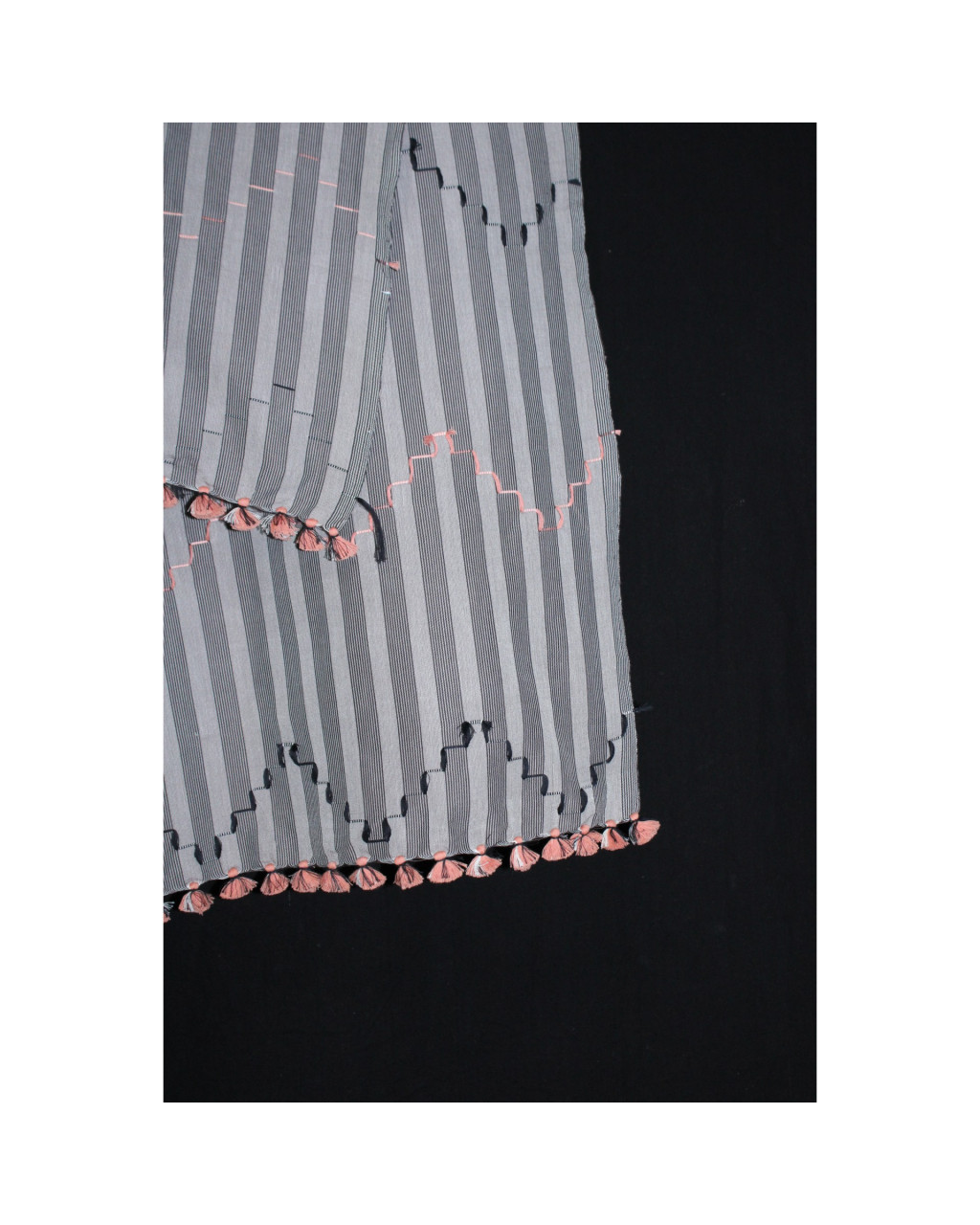 (2154) Cotton Azo-free dyed Kutchy stole from Kutch with cotton extra-weft - Grey, white, orange, black, pompoms, stripes, textured