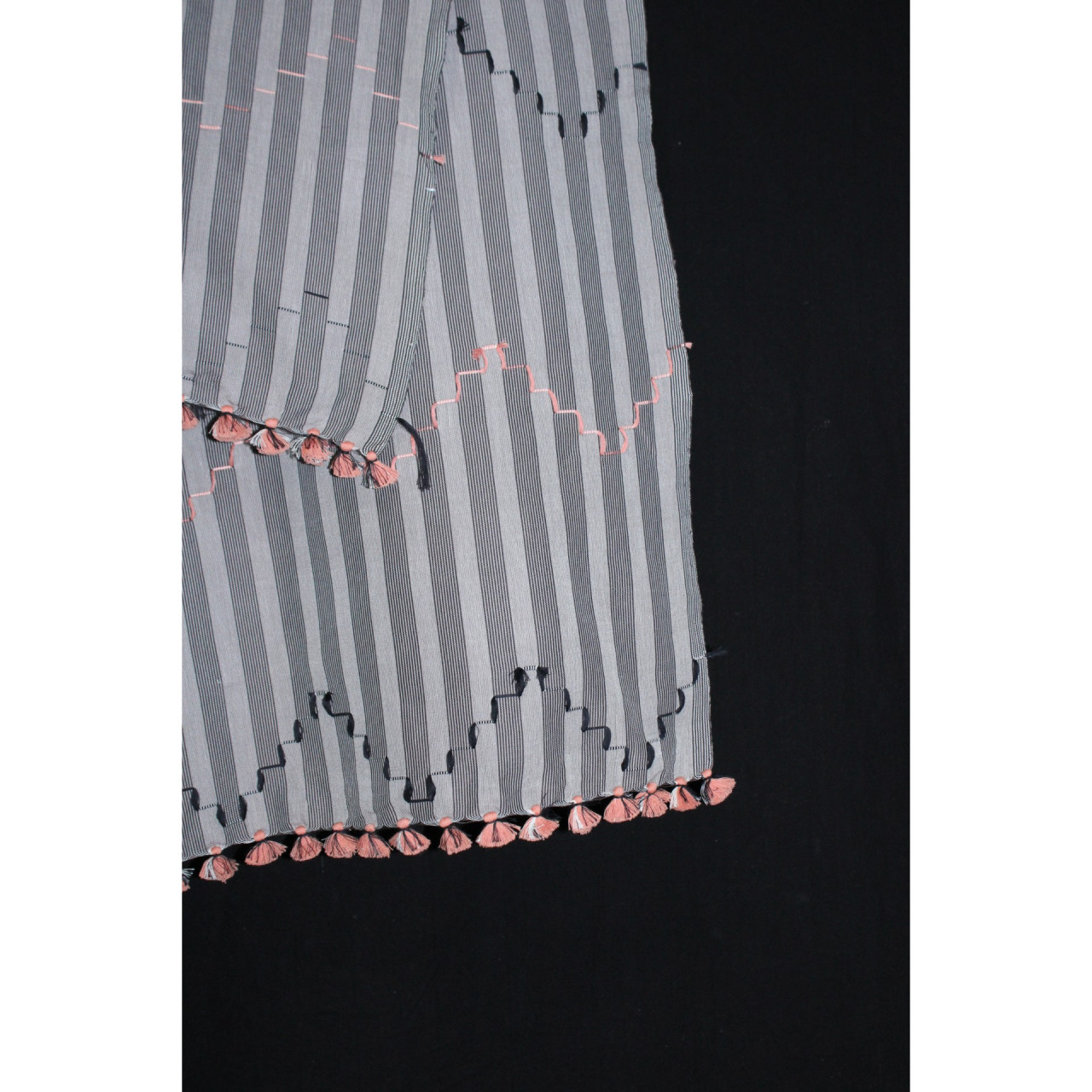(2154) Cotton Azo-free dyed Kutchy stole from Kutch with cotton extra-weft - Grey, white, orange, black, pompoms, stripes, textured