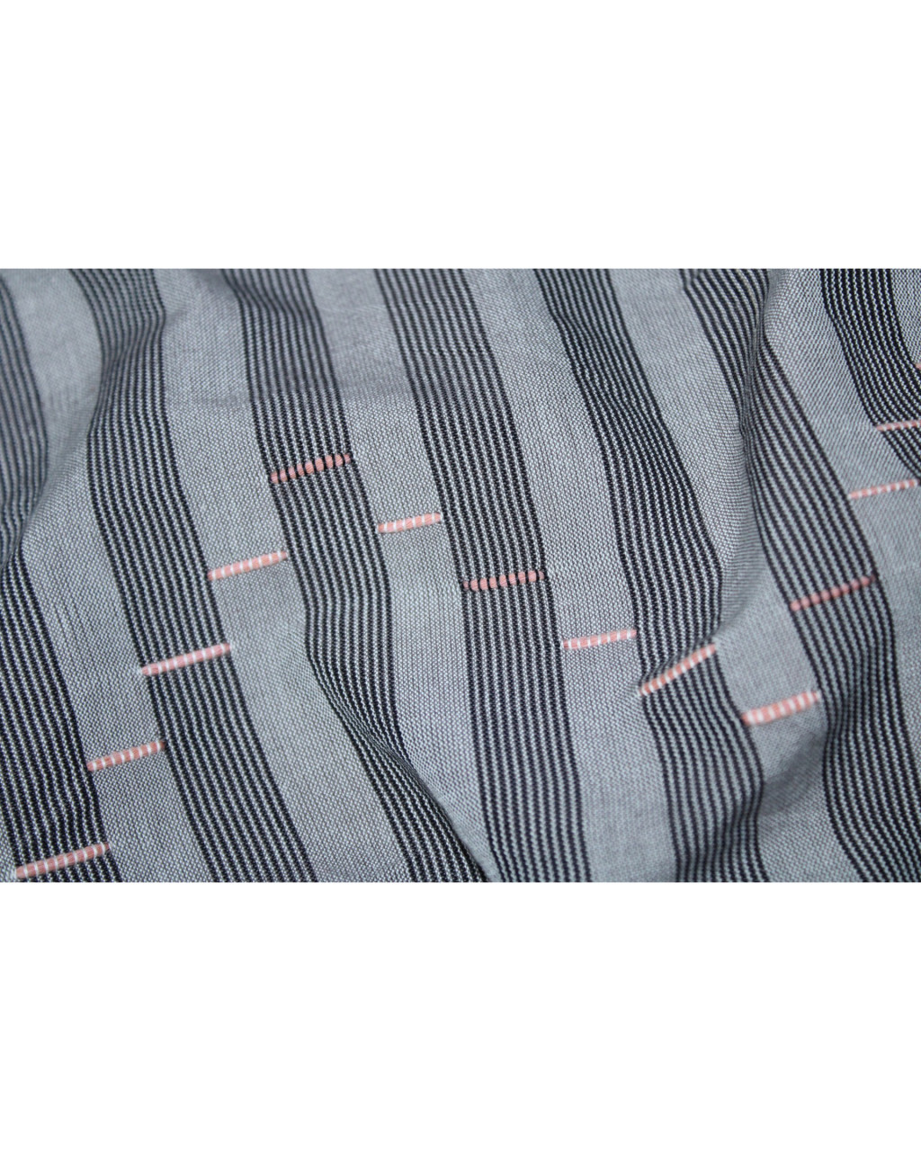 (2154) Cotton Azo-free dyed Kutchy stole from Kutch with cotton extra-weft - Grey, white, orange, black, pompoms, stripes, textured