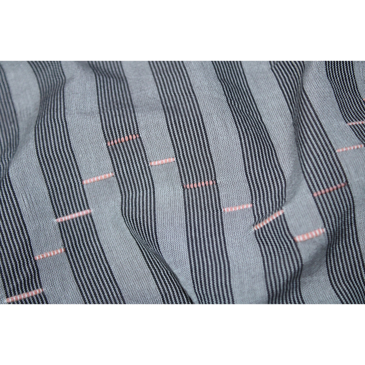 (2154) Cotton Azo-free dyed Kutchy stole from Kutch with cotton extra-weft - Grey, white, orange, black, pompoms, stripes, textured