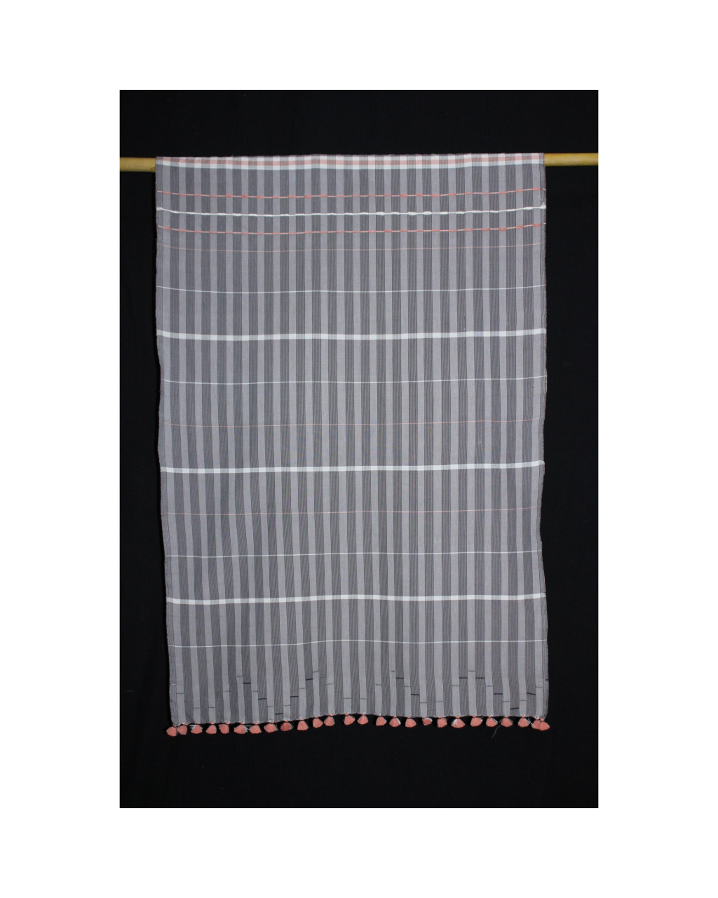 (2162) Cotton Azo-free dyed Kutchy stole from Kutch with cotton extra-weft - Grey, white, black, stripes, orange, textured, pompoms