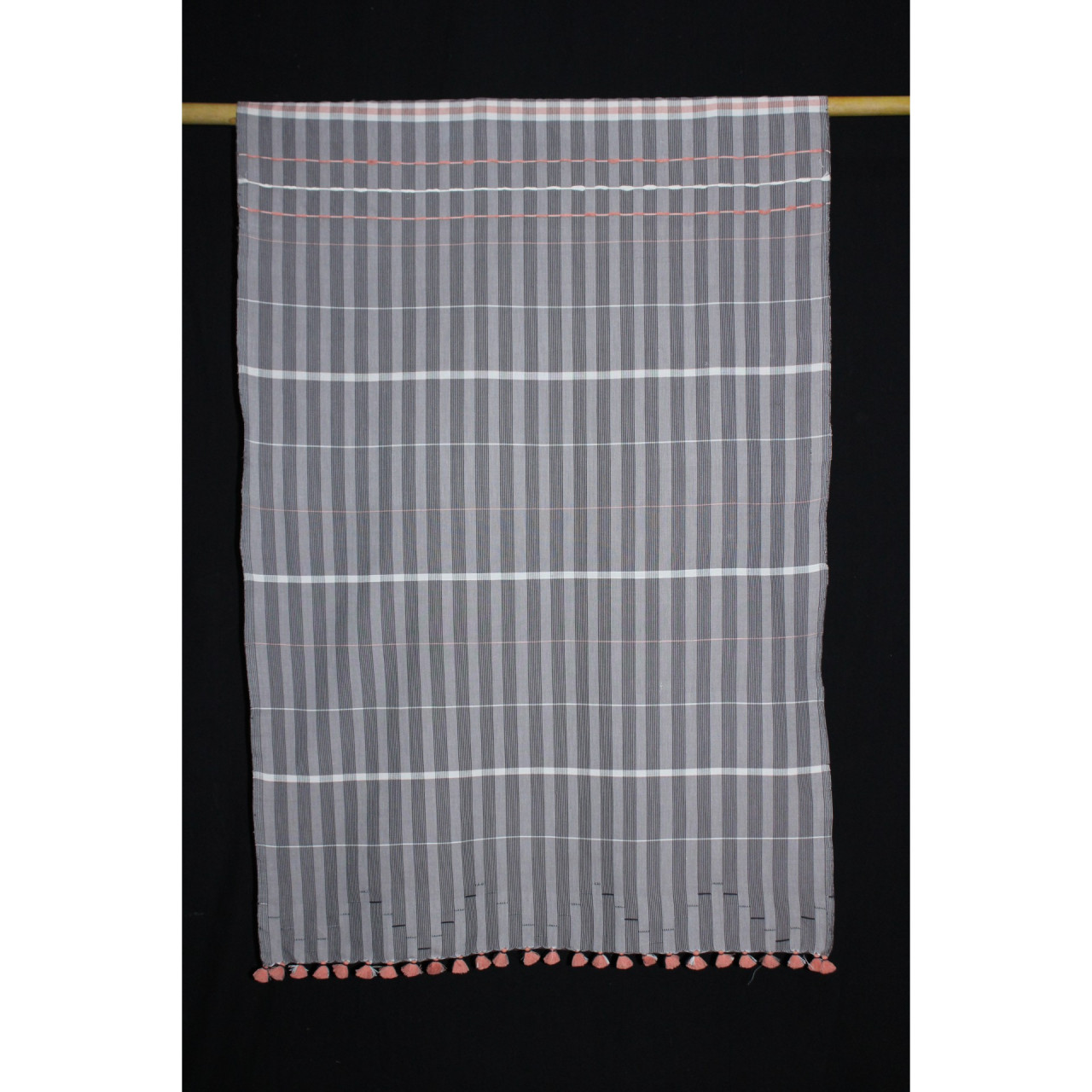 (2162) Cotton Azo-free dyed Kutchy stole from Kutch with cotton extra-weft - Grey, white, black, stripes, orange, textured, pompoms