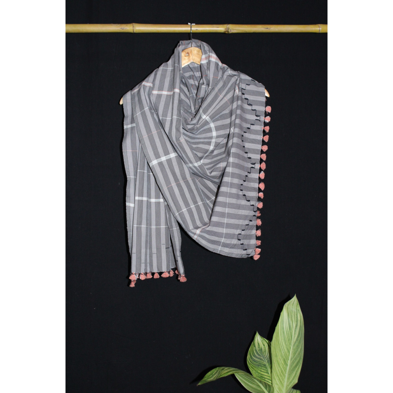 (2162) Cotton Azo-free dyed Kutchy stole from Kutch with cotton extra-weft - Grey, white, black, stripes, orange, textured, pompoms