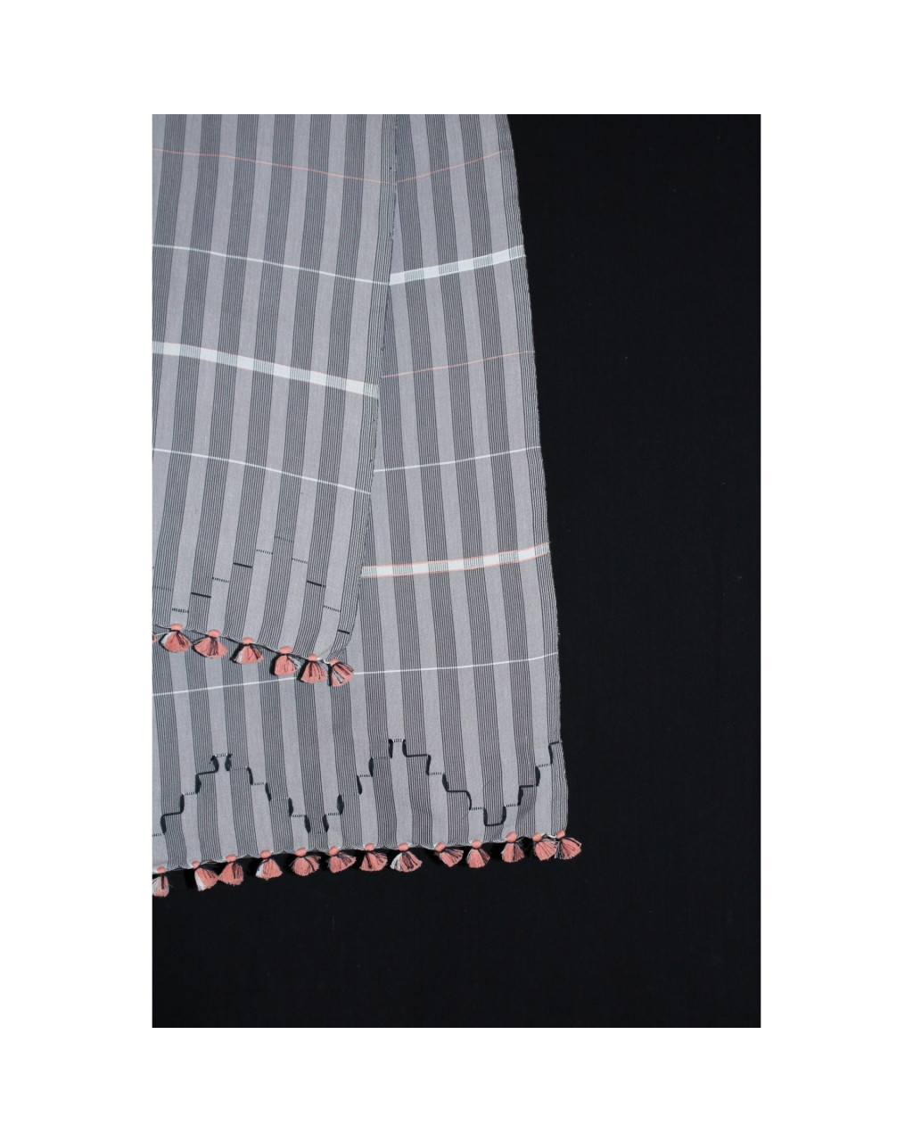 (2162) Cotton Azo-free dyed Kutchy stole from Kutch with cotton extra-weft - Grey, white, black, stripes, orange, textured, pompoms