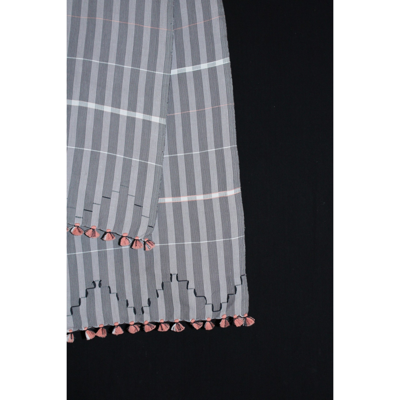 (2162) Cotton Azo-free dyed Kutchy stole from Kutch with cotton extra-weft - Grey, white, black, stripes, orange, textured, pompoms