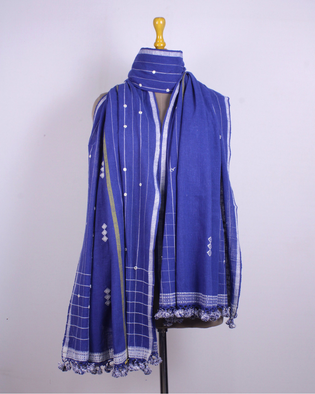 (2298) Kala cotton Azo-free dyed Kutchy dupatta from Kutch with kala cotton motifs and kala cotton motifs - Dark indigo, yellow, white, motif, mirror-work, indigo, vertical stripes, pompoms