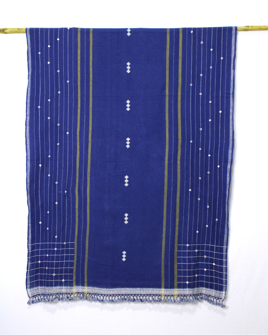 (2298) Kala cotton Azo-free dyed Kutchy dupatta from Kutch with kala cotton motifs and kala cotton motifs - Dark indigo, yellow, white, motif, mirror-work, indigo, vertical stripes, pompoms