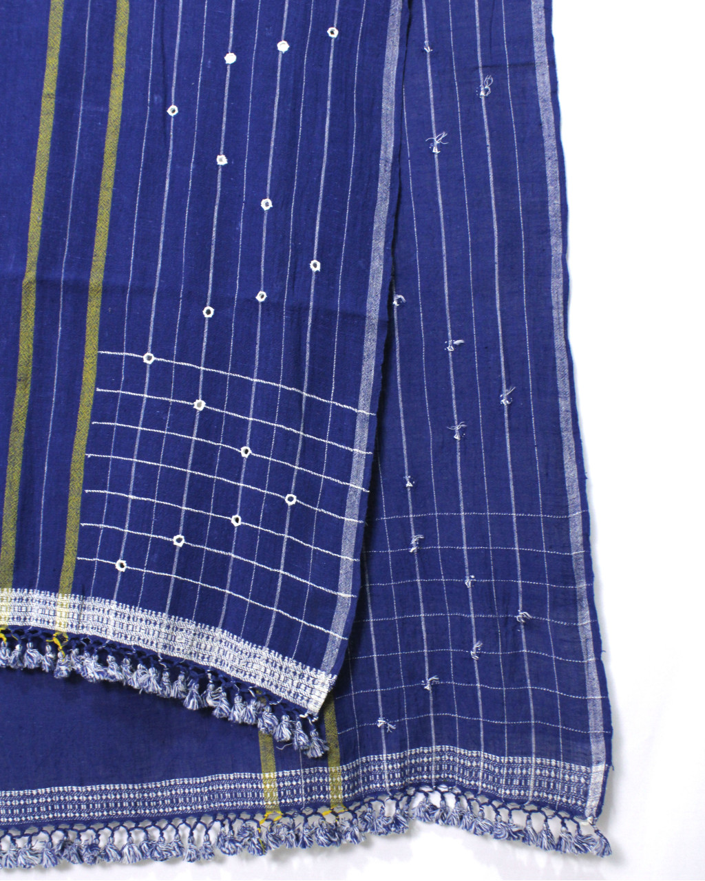 (2298) Kala cotton Azo-free dyed Kutchy dupatta from Kutch with kala cotton motifs and kala cotton motifs - Dark indigo, yellow, white, motif, mirror-work, indigo, vertical stripes, pompoms