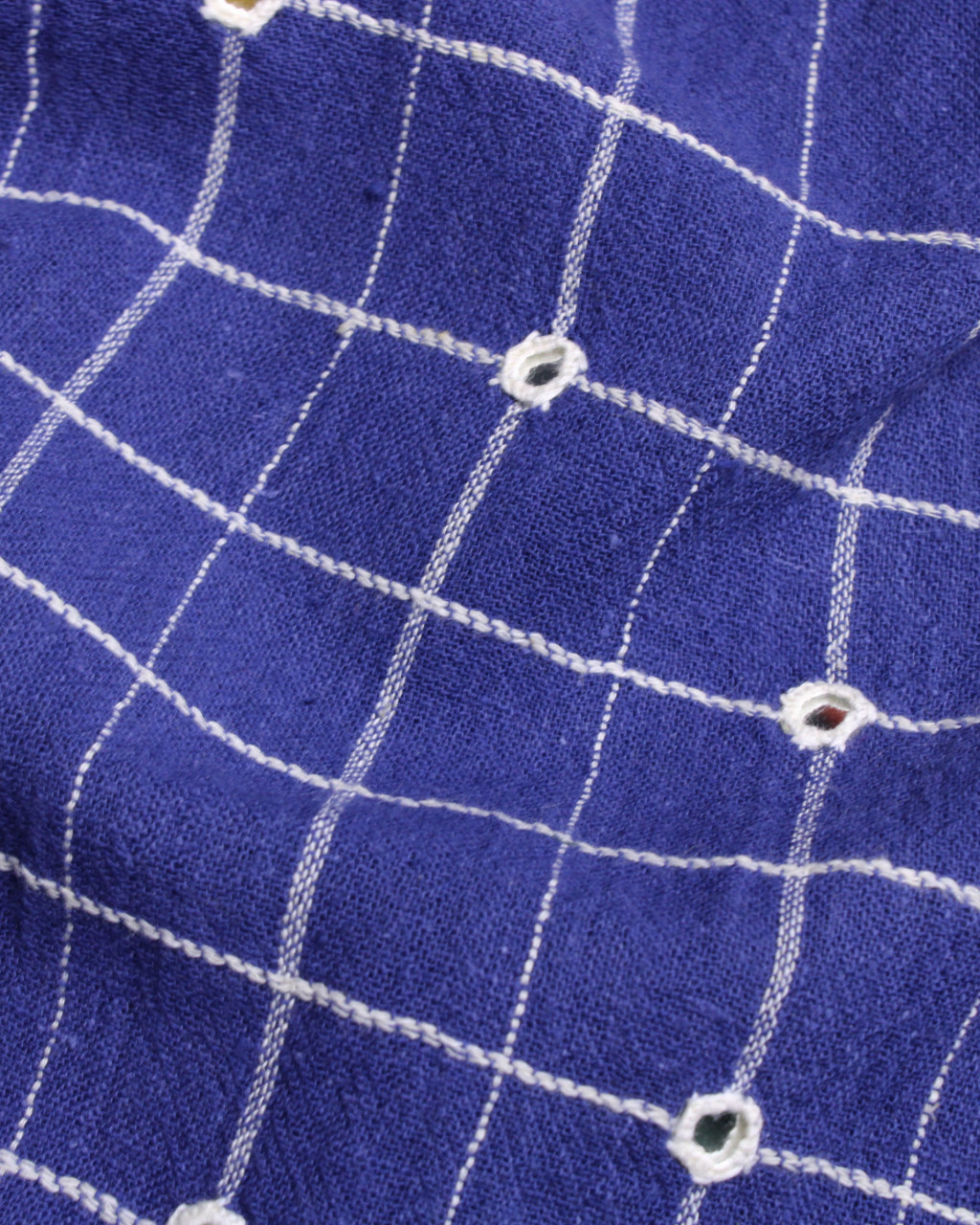 (2298) Kala cotton Azo-free dyed Kutchy dupatta from Kutch with kala cotton motifs and kala cotton motifs - Dark indigo, yellow, white, motif, mirror-work, indigo, vertical stripes, pompoms