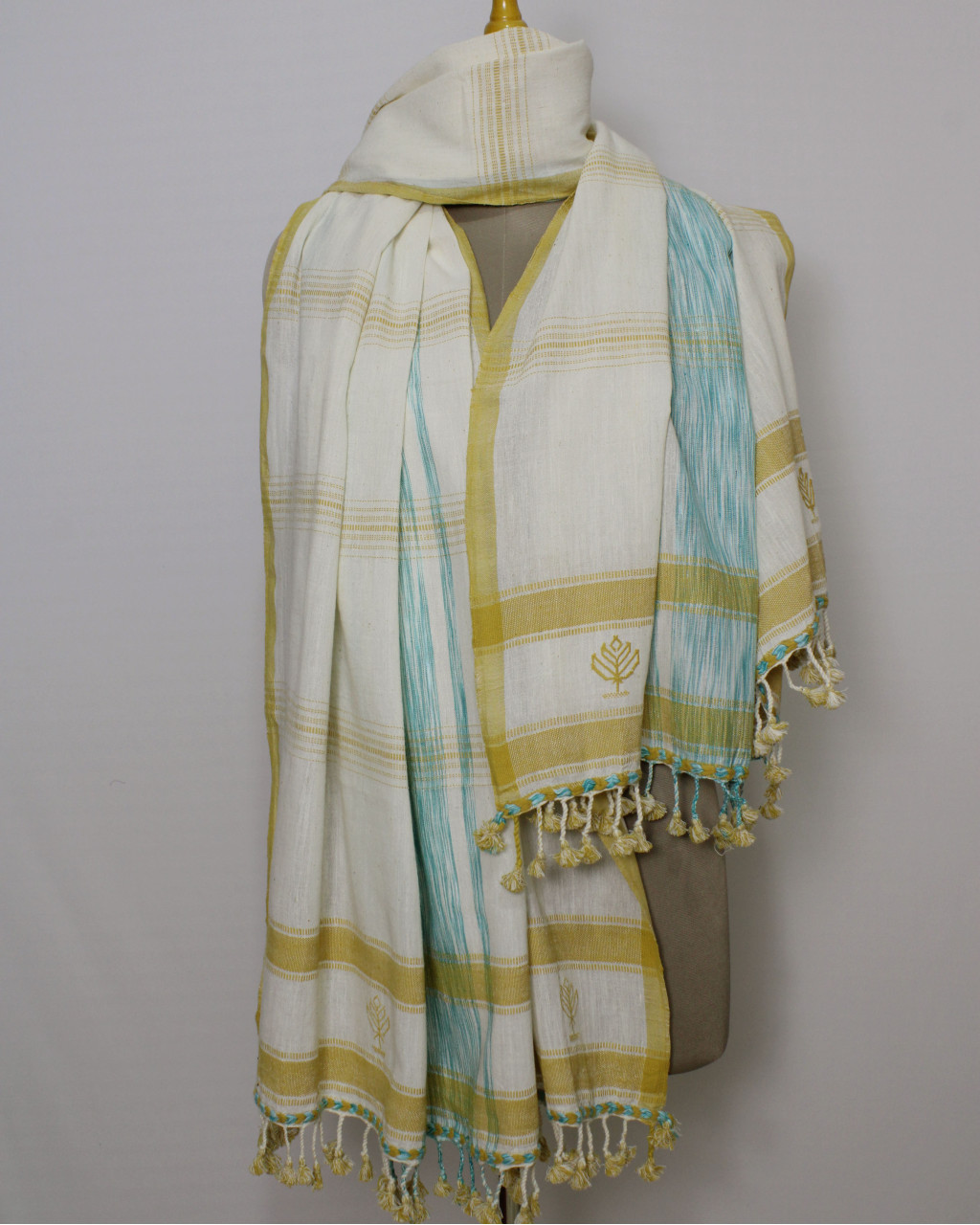 (2511) Kala cotton and cotton Azo-free dyed Kutchy dupatta from Kutch with kala cotton motifs, kala cotton motifs and tied-and-dyed yarn - White, sky blue, space dyed, mustard yellow, stripes, motif, turquoise, blue, eggshell blue, pompoms, horizontal stripes, yellow