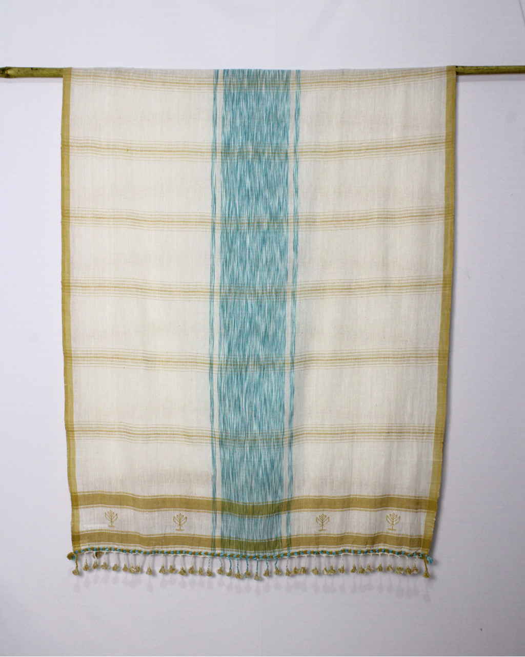 (2511) Kala cotton and cotton Azo-free dyed Kutchy dupatta from Kutch with kala cotton motifs, kala cotton motifs and tied-and-dyed yarn - White, sky blue, space dyed, mustard yellow, stripes, motif, turquoise, blue, eggshell blue, pompoms, horizontal stripes, yellow