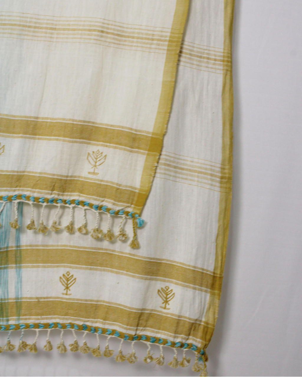 (2511) Kala cotton and cotton Azo-free dyed Kutchy dupatta from Kutch with kala cotton motifs, kala cotton motifs and tied-and-dyed yarn - White, sky blue, space dyed, mustard yellow, stripes, motif, turquoise, blue, eggshell blue, pompoms, horizontal stripes, yellow