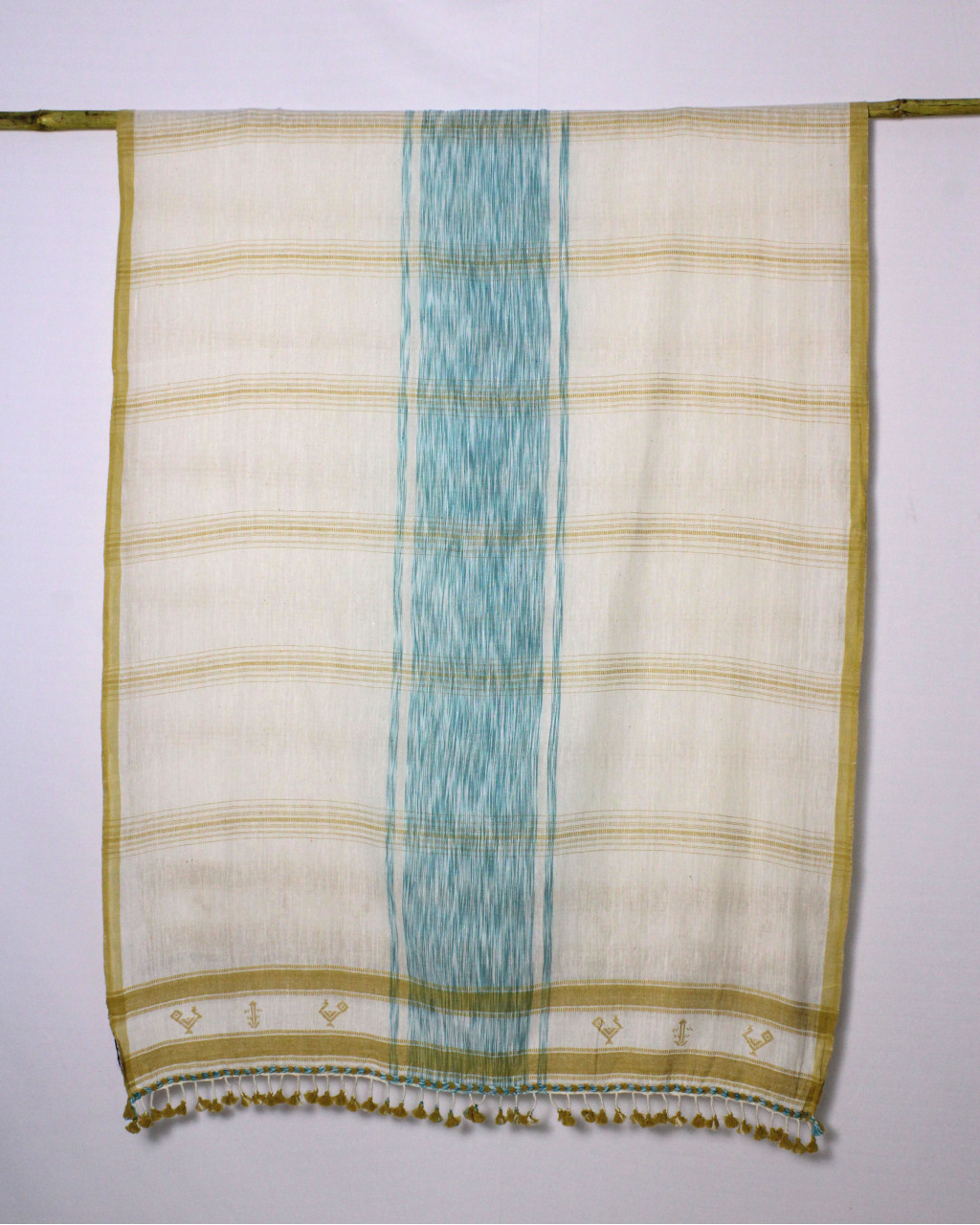 (2518) Kala cotton and cotton Azo-free dyed Kutchy dupatta from Kutch with kala cotton motifs and kala cotton motifs - Off white, mustard yellow, sky blue, space dyed, motif, turquoise, light blue, yellow, pompoms