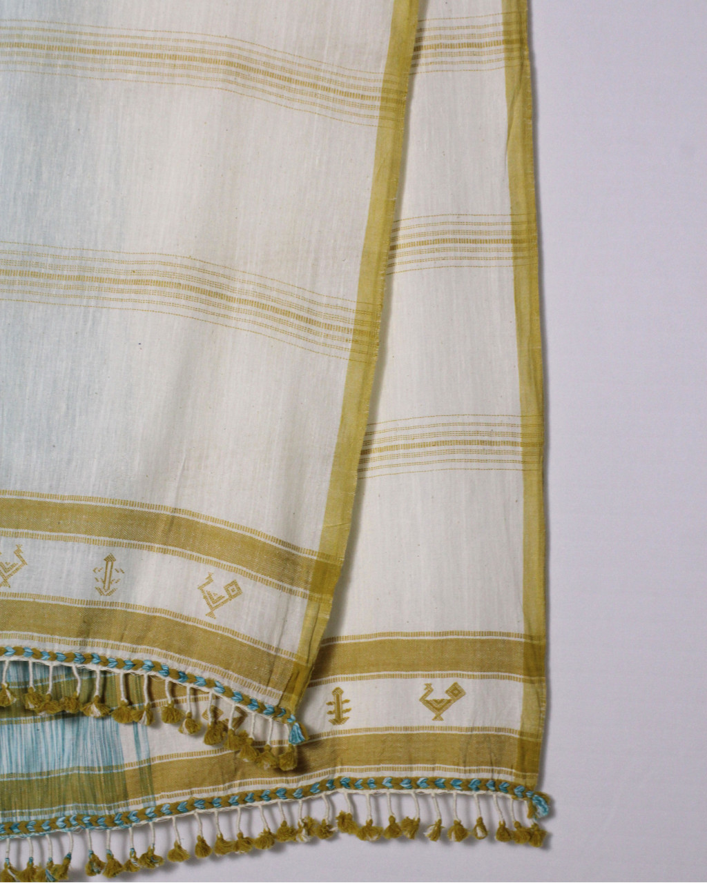 (2518) Kala cotton and cotton Azo-free dyed Kutchy dupatta from Kutch with kala cotton motifs and kala cotton motifs - Off white, mustard yellow, sky blue, space dyed, motif, turquoise, light blue, yellow, pompoms