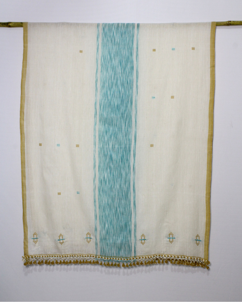 (2520) Kala cotton and cotton Azo-free dyed Kutchy dupatta from Kutch with kala cotton motifs and kala cotton motifs - Off white, sky blue, space dyed, motif, mustard yellow, turquoise, pompoms, yellow