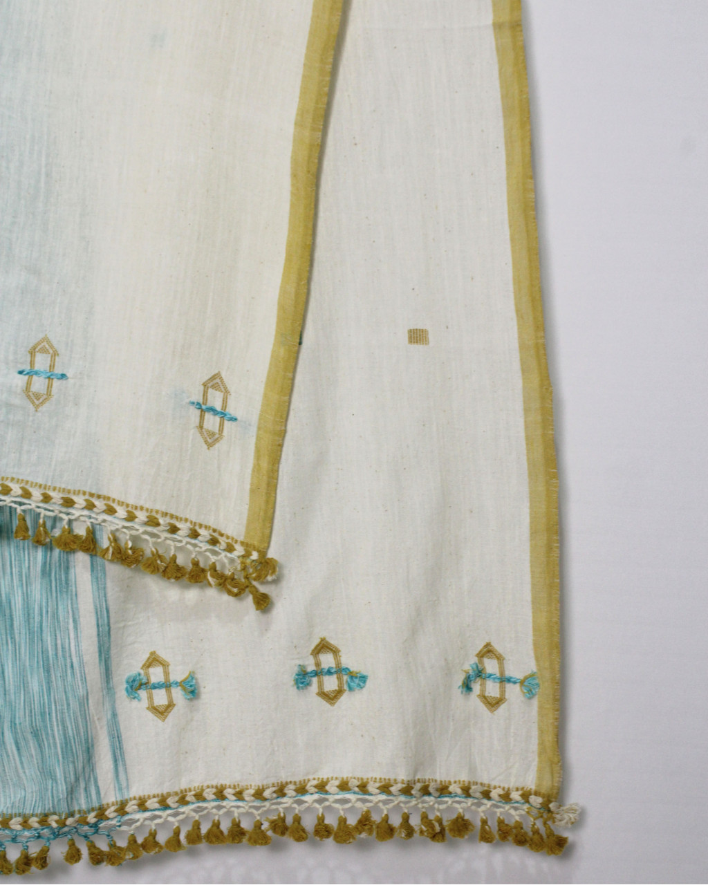 (2520) Kala cotton and cotton Azo-free dyed Kutchy dupatta from Kutch with kala cotton motifs and kala cotton motifs - Off white, sky blue, space dyed, motif, mustard yellow, turquoise, pompoms, yellow