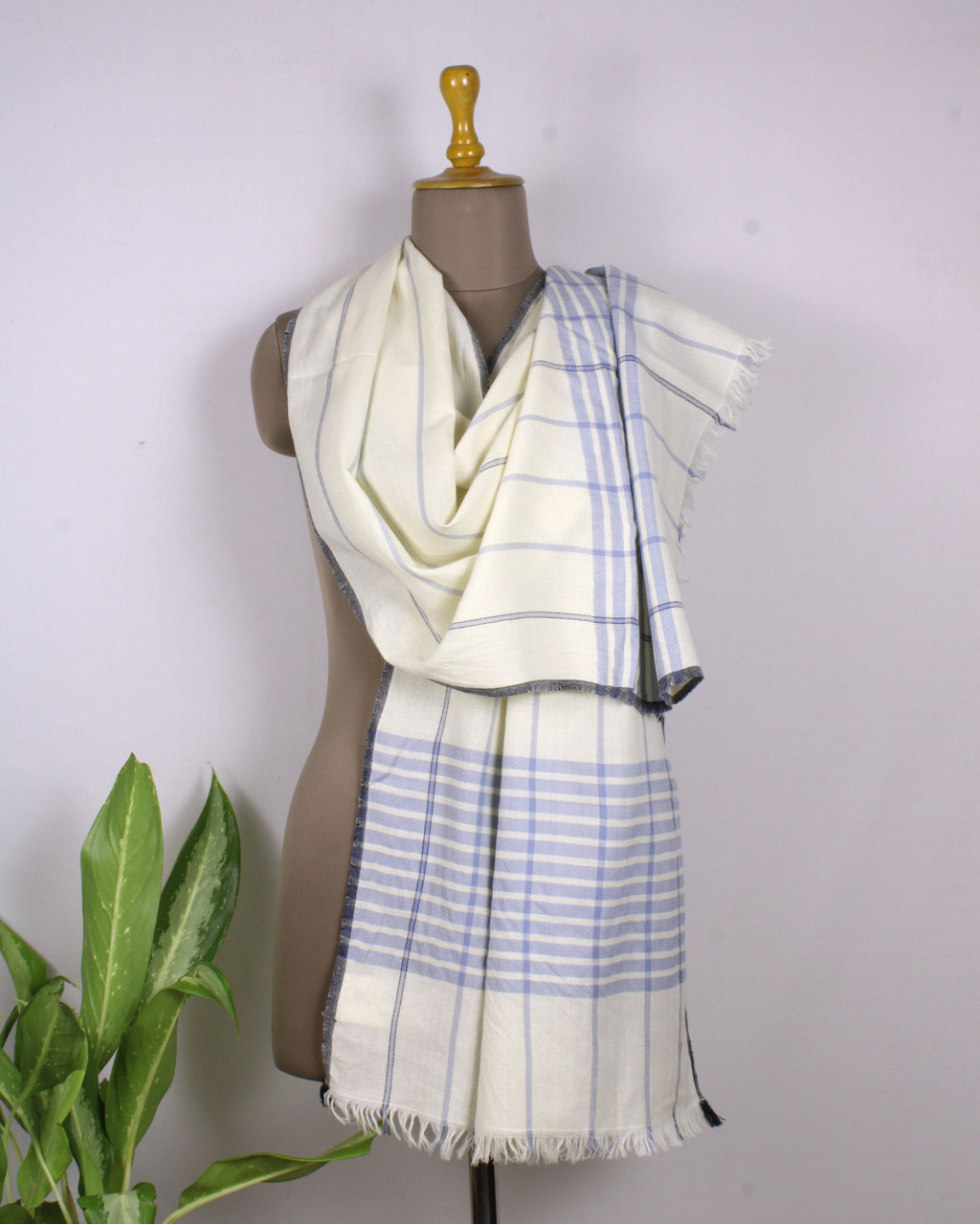 (2704) Merino wool Azo-free dyed Kutchy stole from Kutch - White, off white, sky blue, blue, blue grey, eggshell blue, light blue, stone blue, vertical stripes, stripes