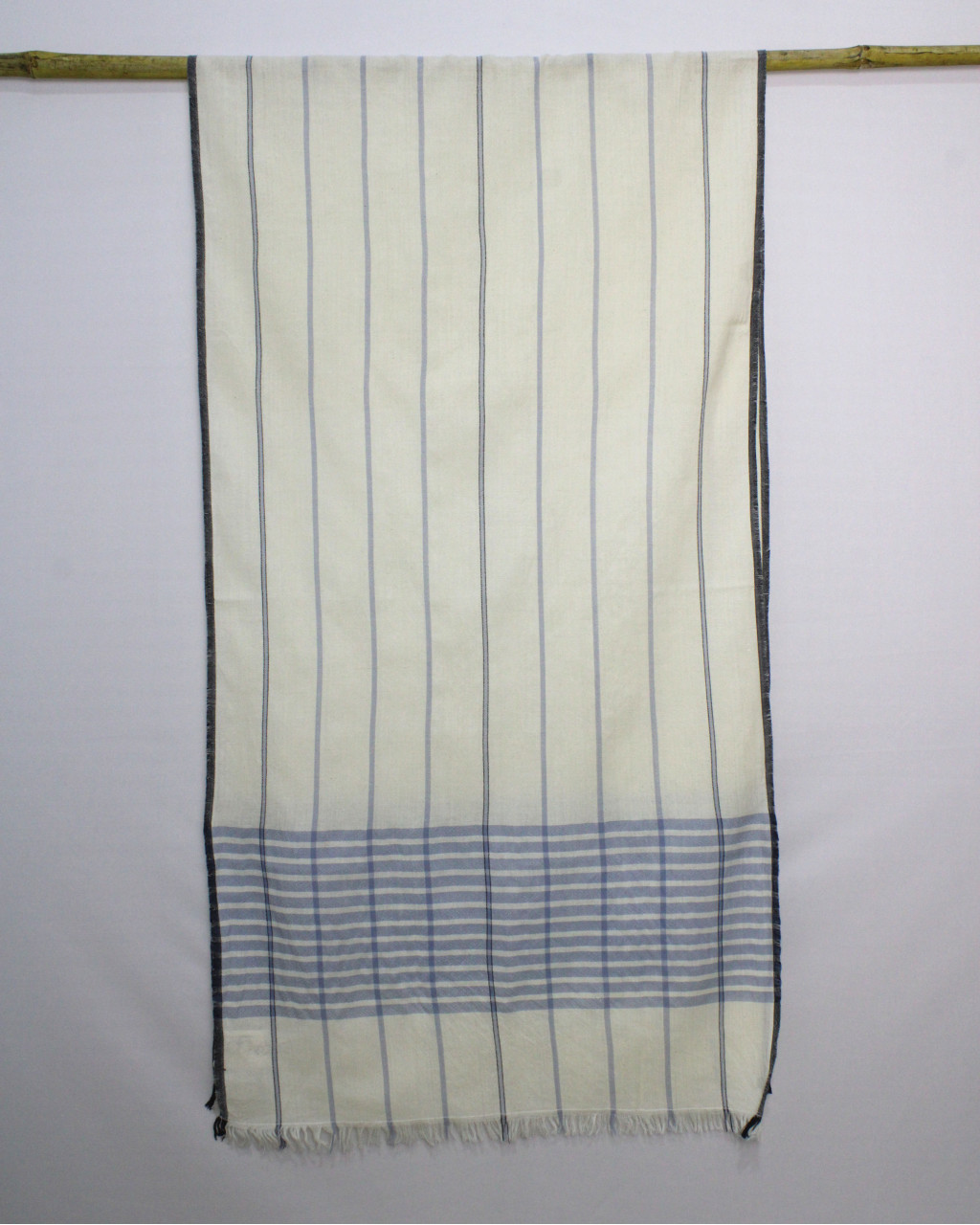 (2704) Merino wool Azo-free dyed Kutchy stole from Kutch - White, off white, sky blue, blue, blue grey, eggshell blue, light blue, stone blue, vertical stripes, stripes